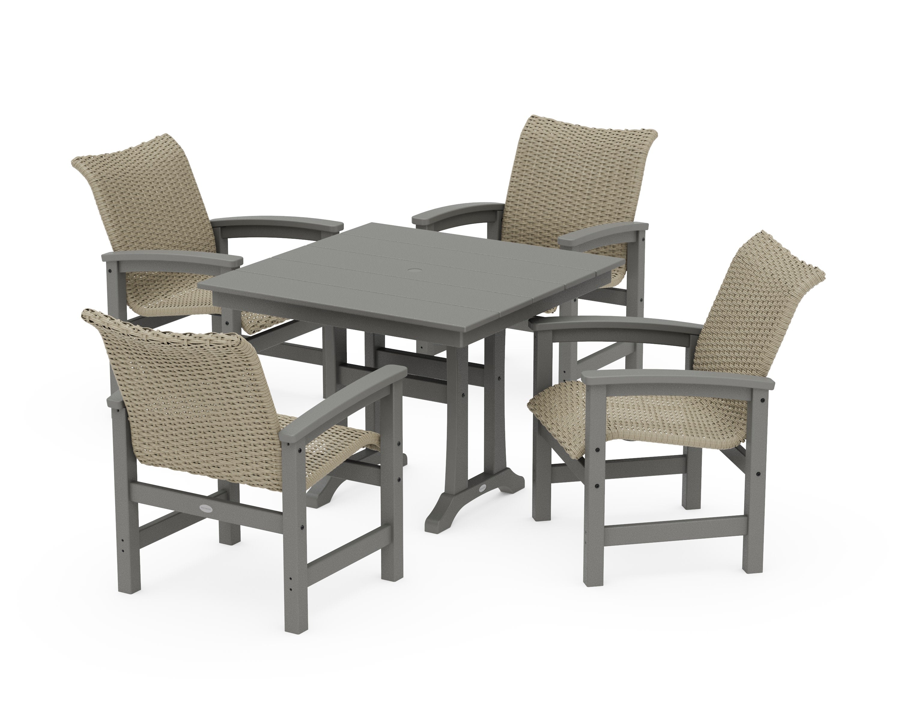 Coastal Woven 5-Piece Farmhouse Dining Set with Trestle Legs in Slate Grey / Dune Grass