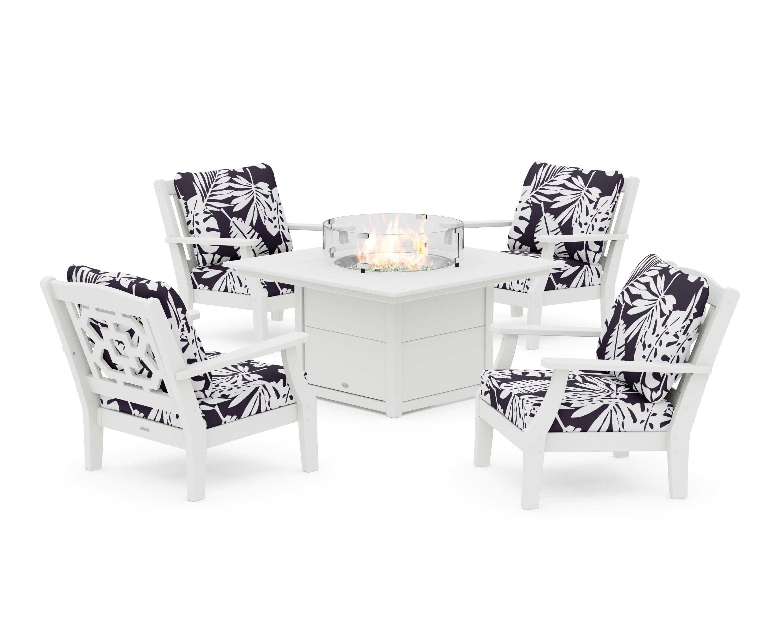 Chinoiserie 5-Piece Deep Seating Set with Fire Pit Table in Vintage White / Leaf Navy