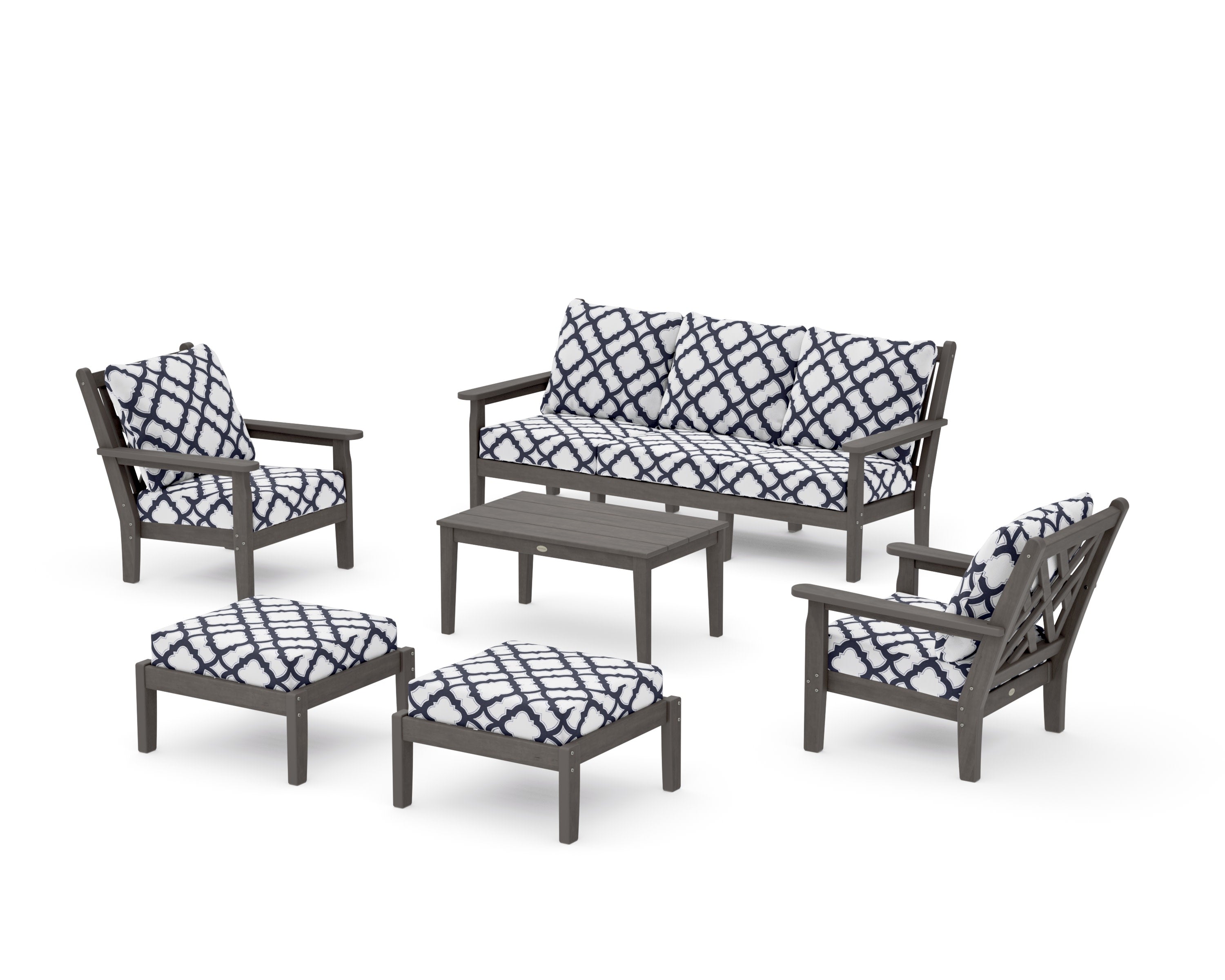 Chippendale 6-Piece Lounge Sofa Set in Driftwood / Trellis Navy