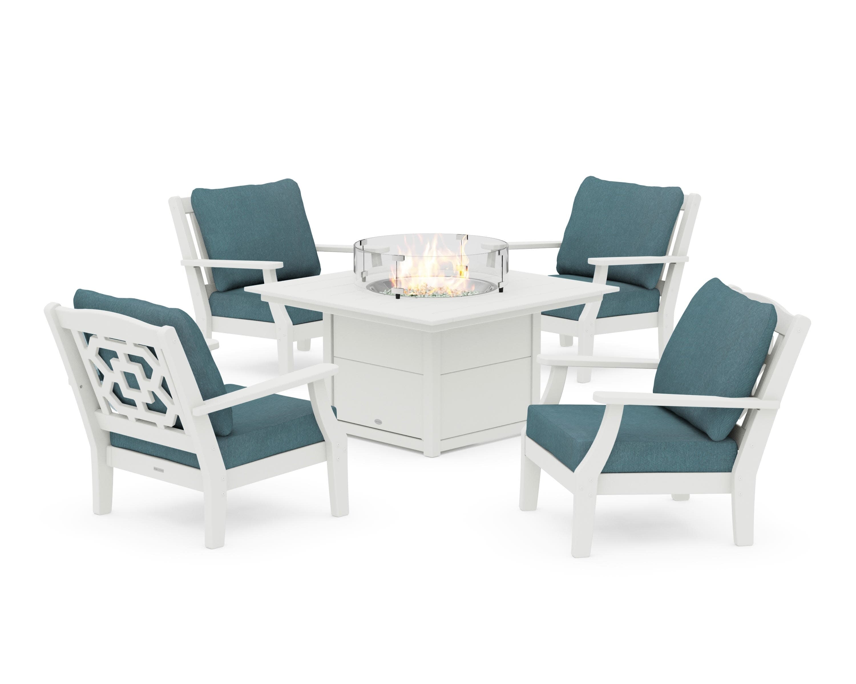 Chinoiserie 5-Piece Deep Seating Set with Fire Pit Table in Vintage White / Ocean Teal