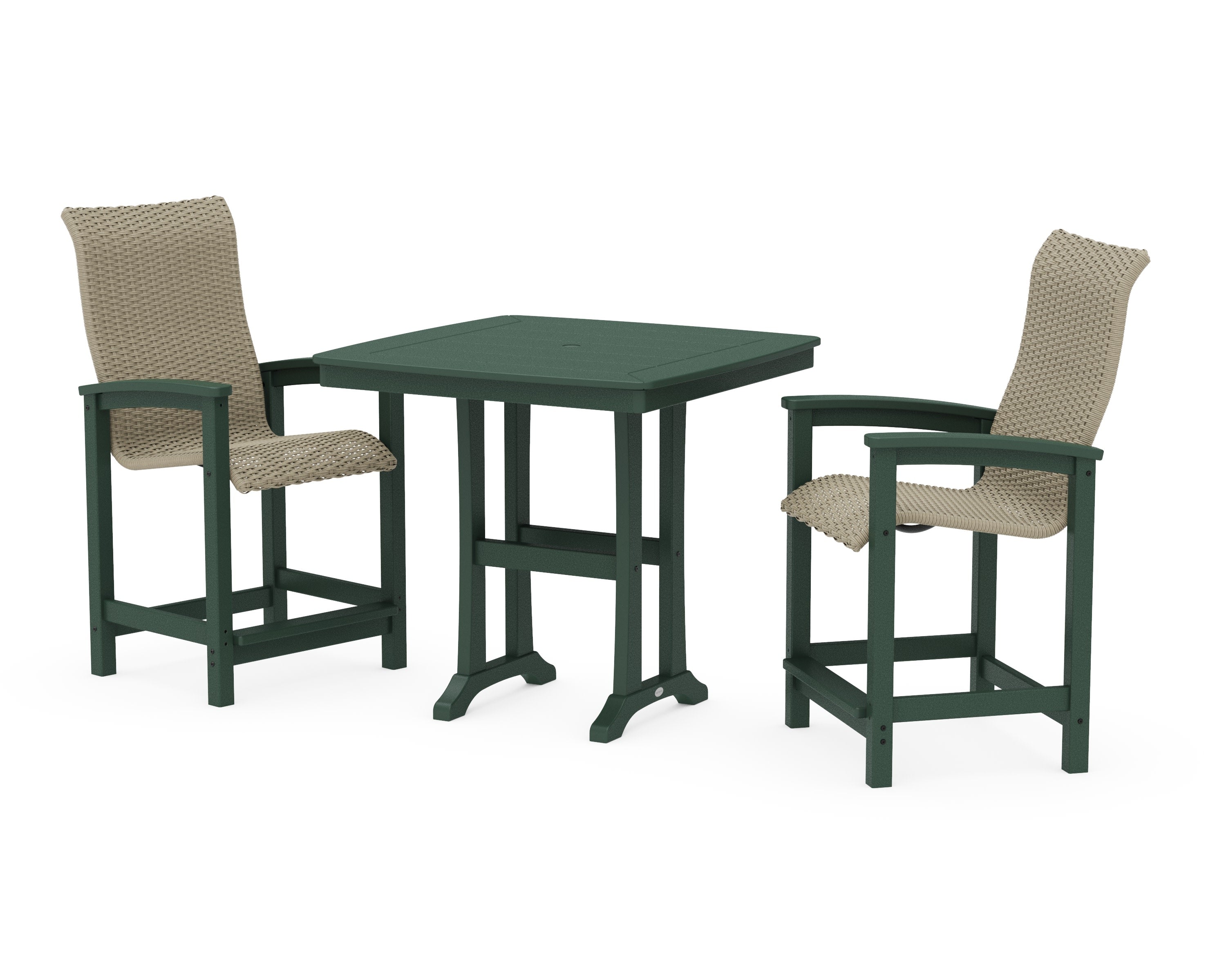 Coastal Woven High-Back 3-Piece Counter Set with Trestle Legs in Green / Dune Grass