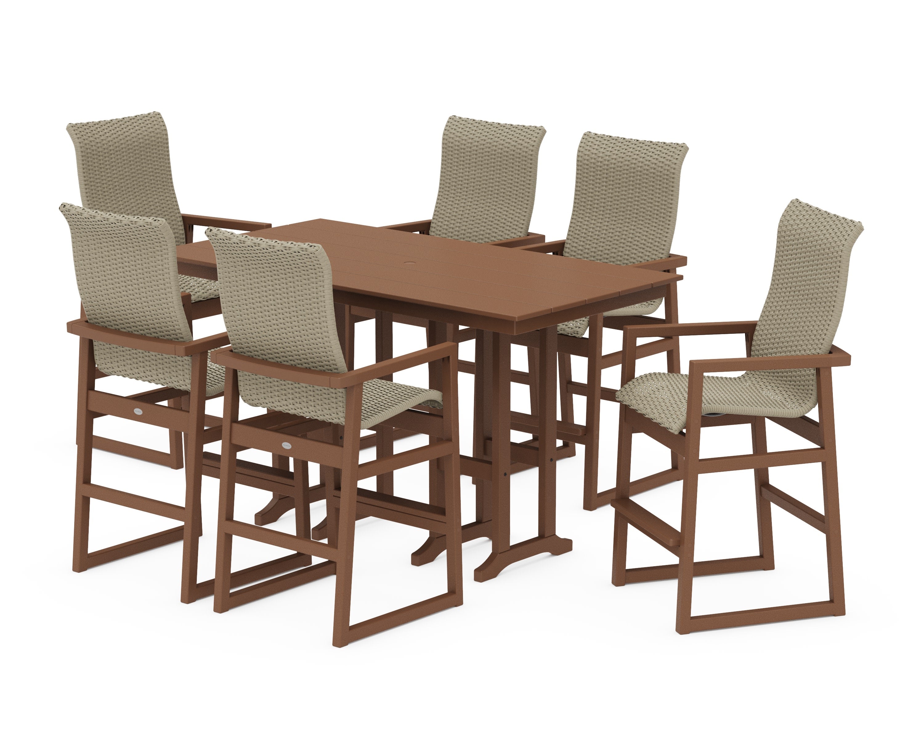 EDGE Woven Highback Arm Chair 7-Piece Farmhouse Bar Set in Teak / Dune Grass