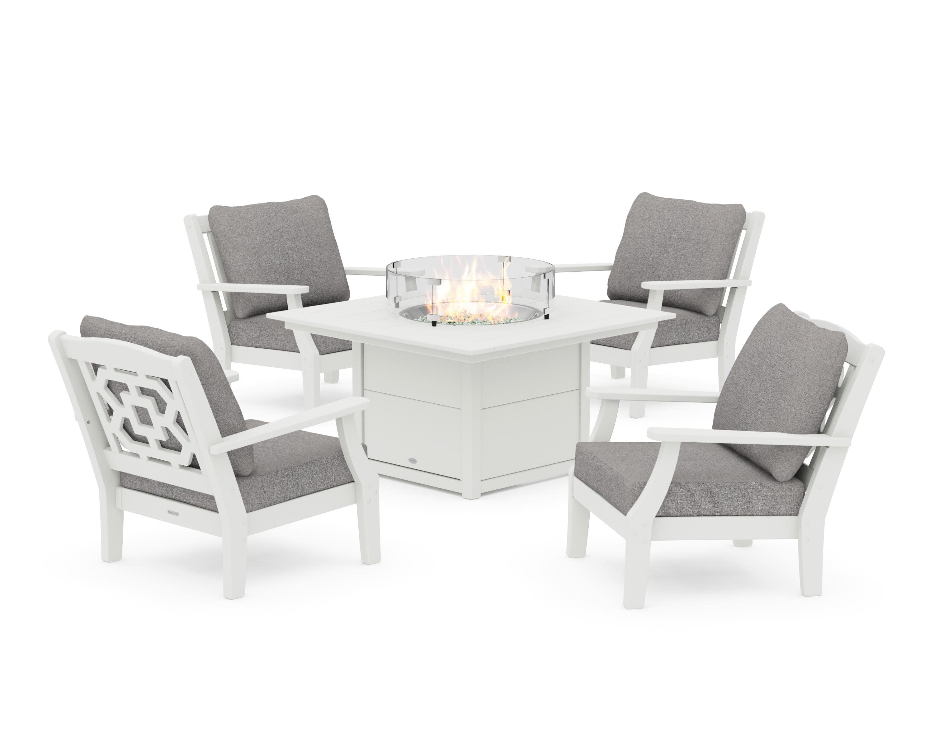 Chinoiserie 5-Piece Deep Seating Set with Fire Pit Table in Vintage White / Grey Mist
