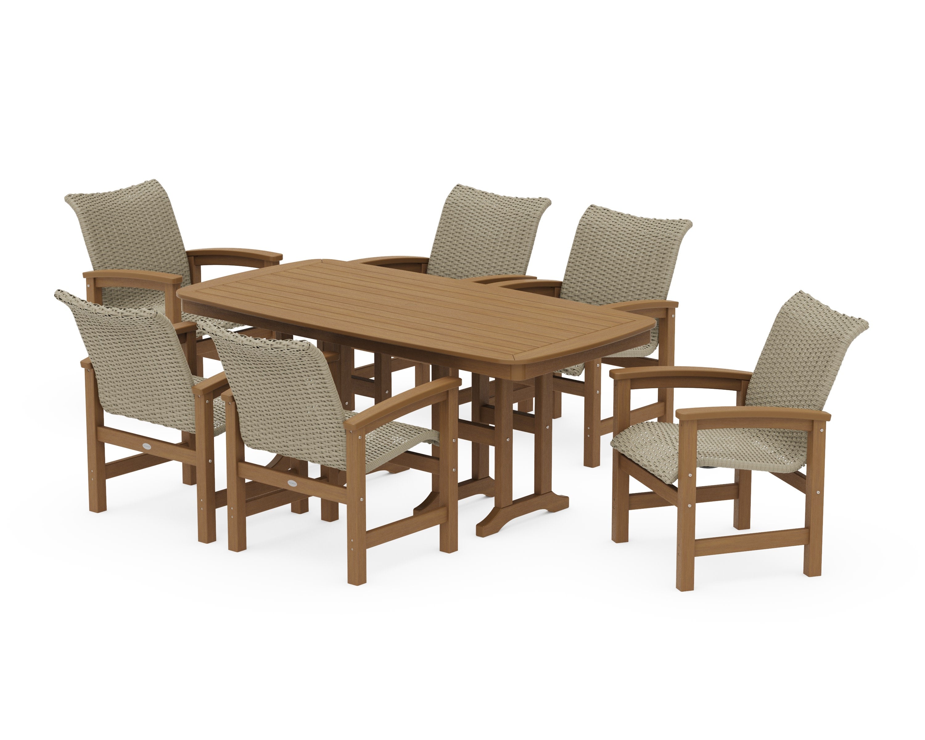 Coastal Woven Arm Chair 7-Piece Dining Set in Natural / Dune Grass