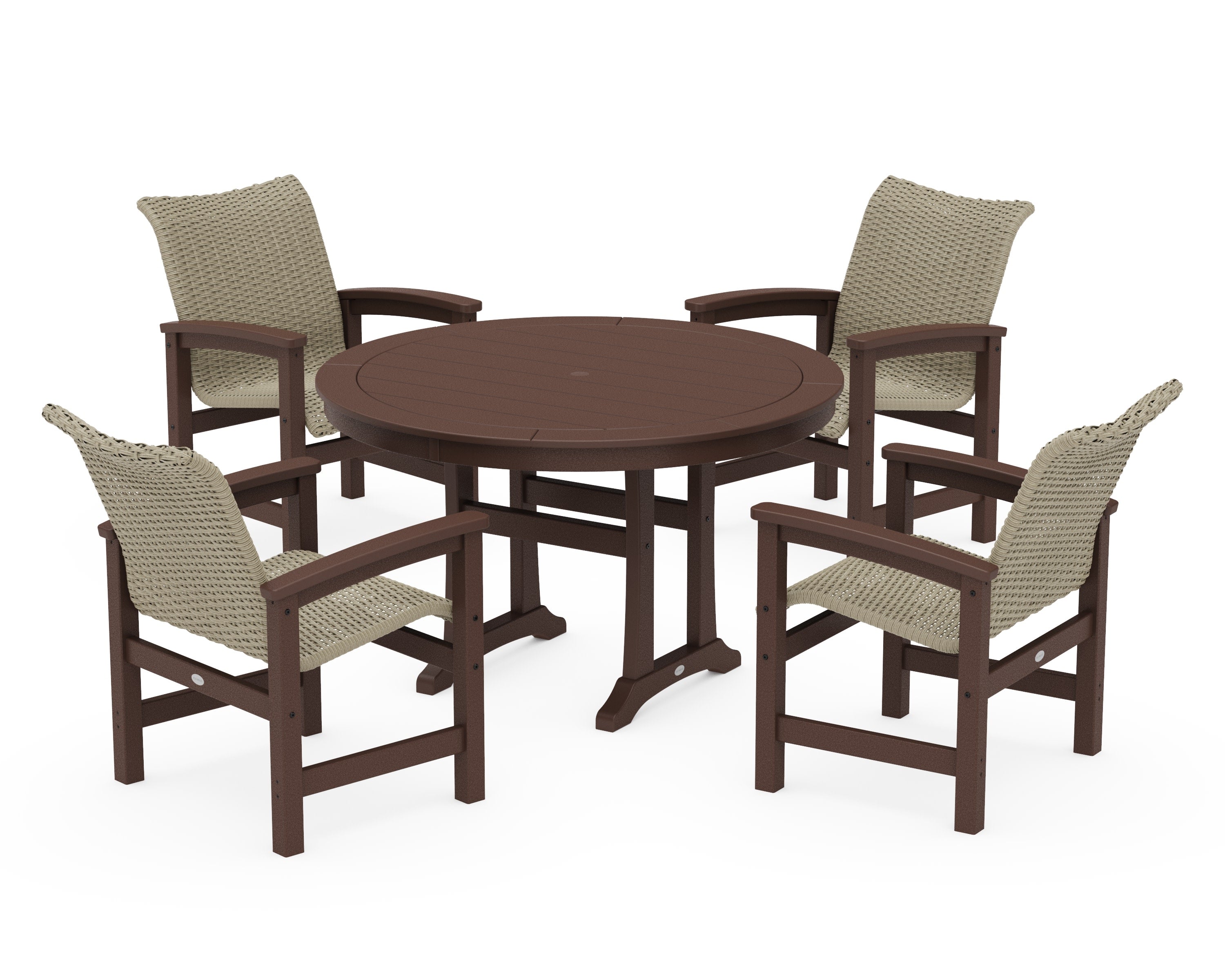 Coastal Woven 5-Piece Round Dining Set with Trestle Legs in Mahogany / Dune Grass