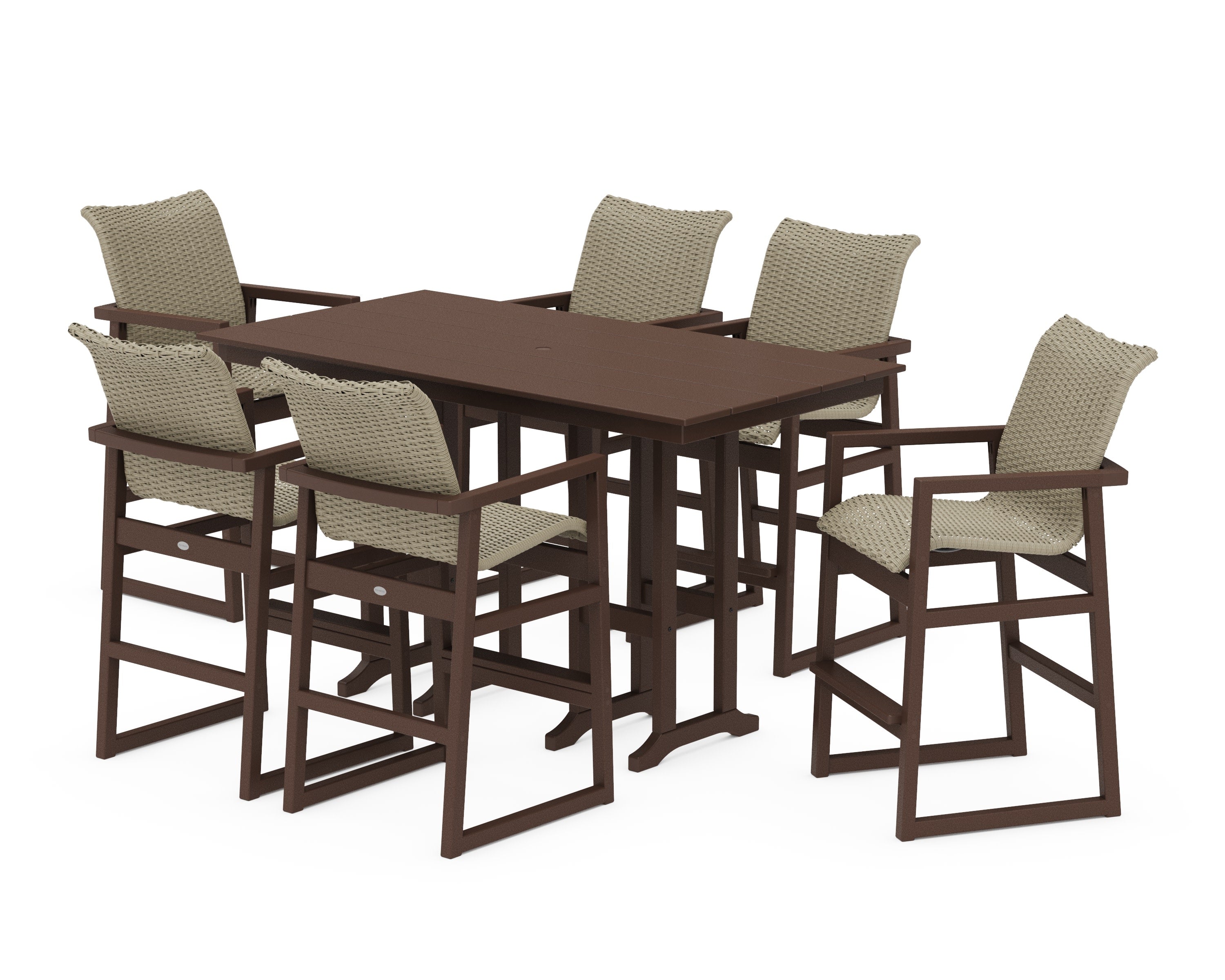 EDGE Woven Arm Chair 7-Piece Farmhouse Bar Set in Mahogany / Dune Grass