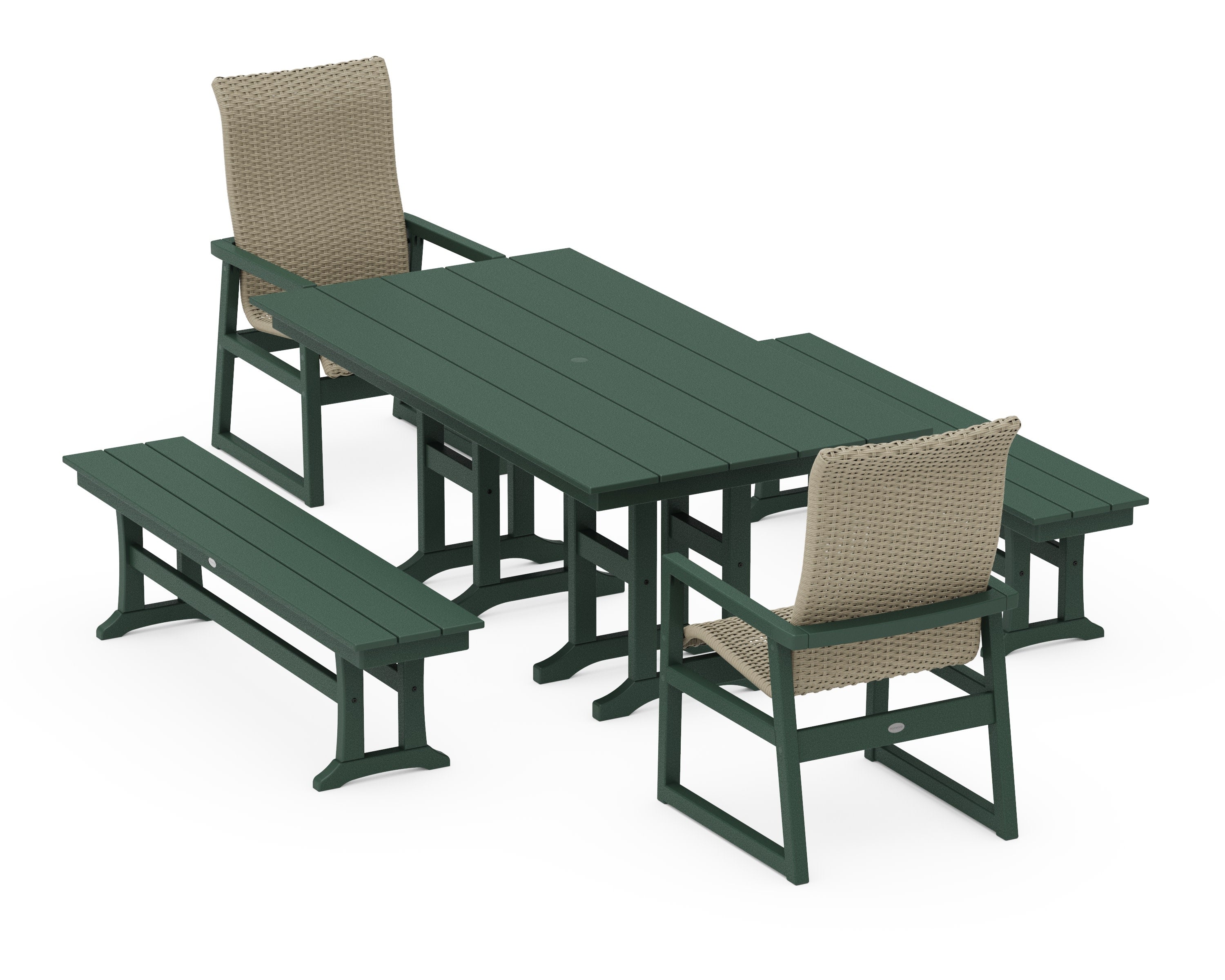 EDGE Woven Highback 5-Piece Farmhouse Dining Set with Benches in Green / Dune Grass