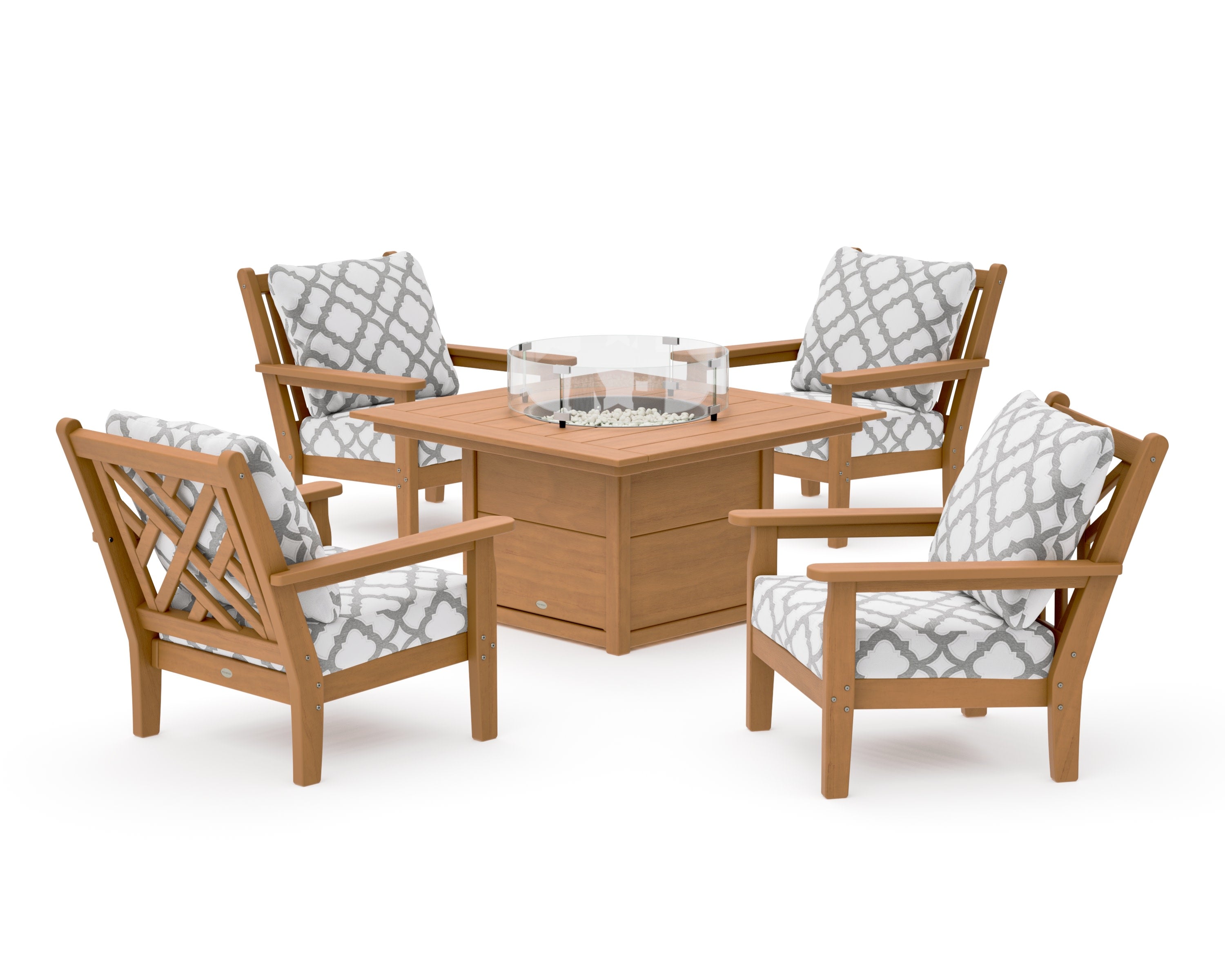 Chippendale 5-Piece Deep Seating Set with Fire Pit Table in Natural / Trellis Grey Mist