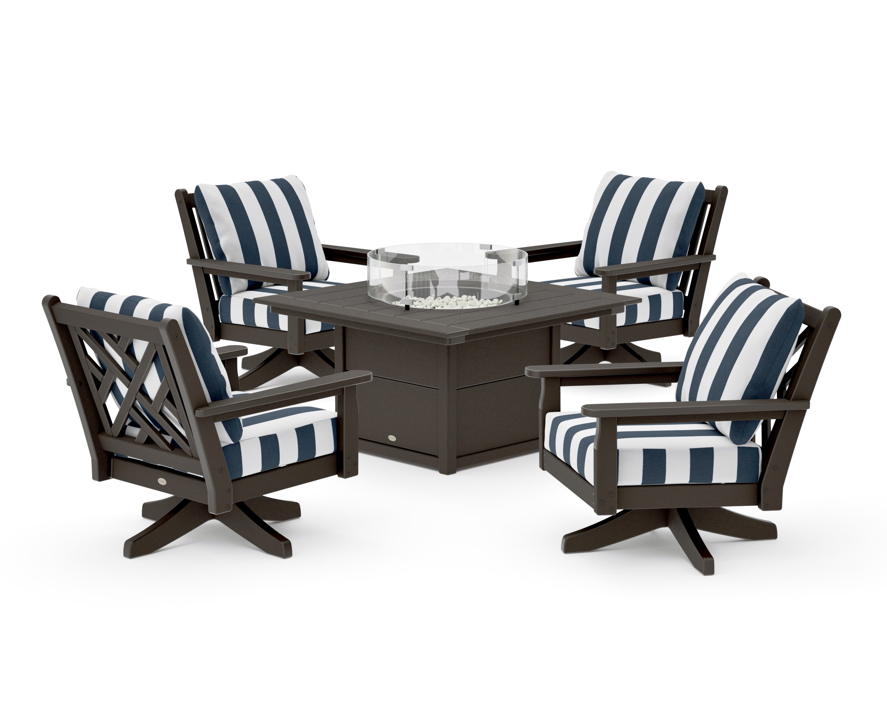 Chippendale 5-Piece Deep Seating Swivel Conversation Set with Fire Pit Table in Vintage Coffee / Cabana Stripe Marine Indigo