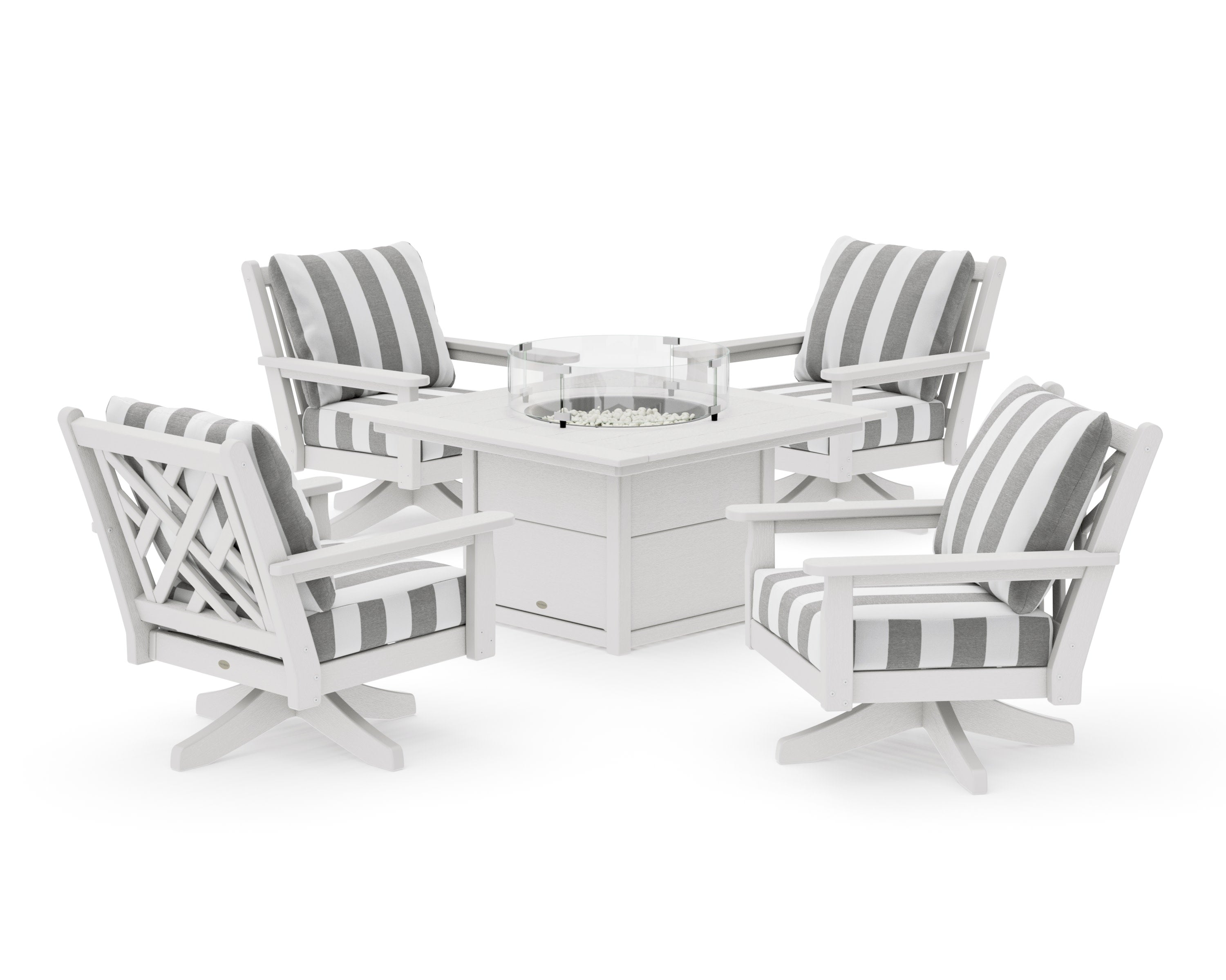 Chippendale 5-Piece Deep Seating Swivel Conversation Set with Fire Pit Table in Vintage White / Cabana Stripe Grey Mist