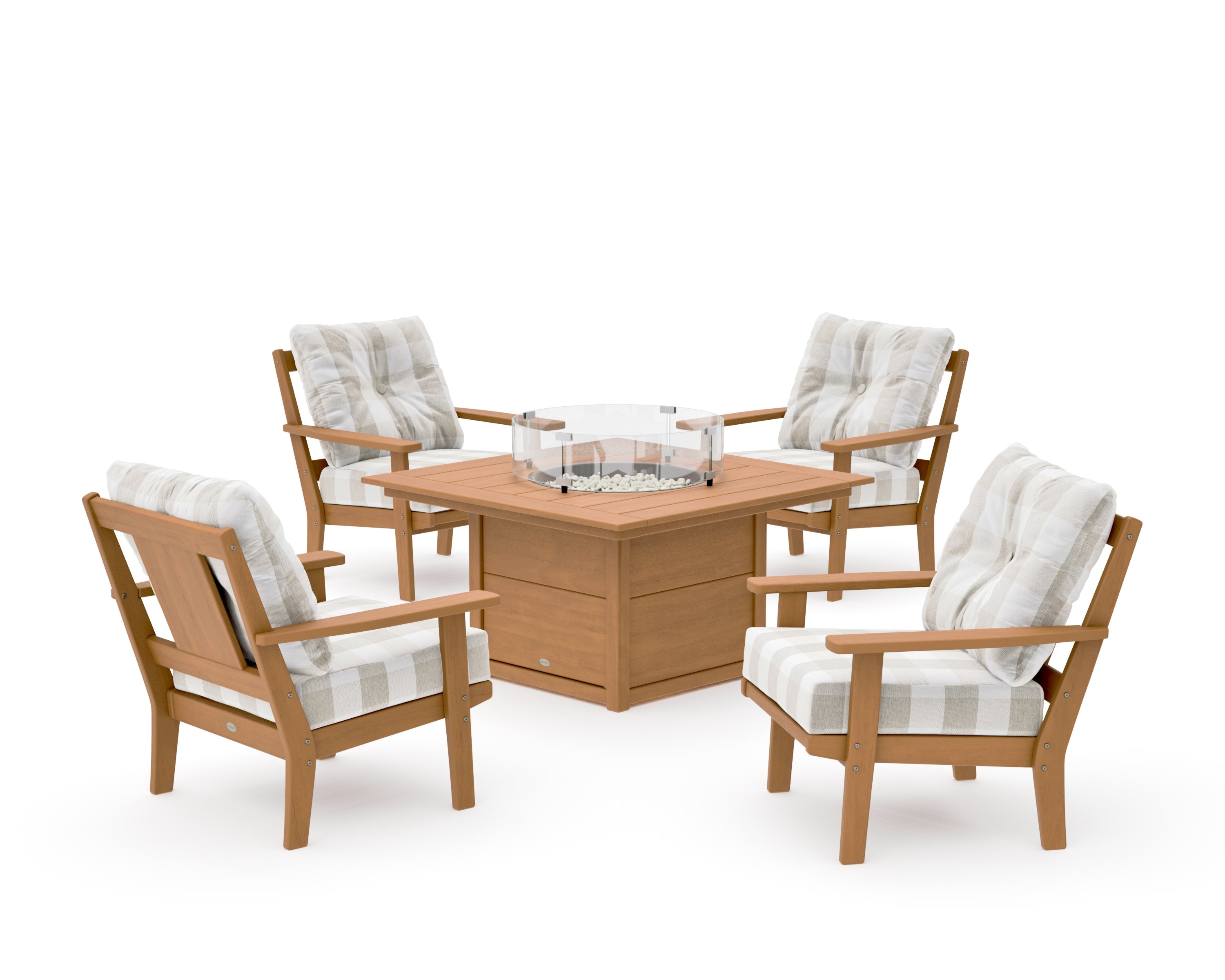 Prairie 5-Piece Deep Seating Set with Fire Pit Table in Natural / Buffalo Plaid Dune Burlap