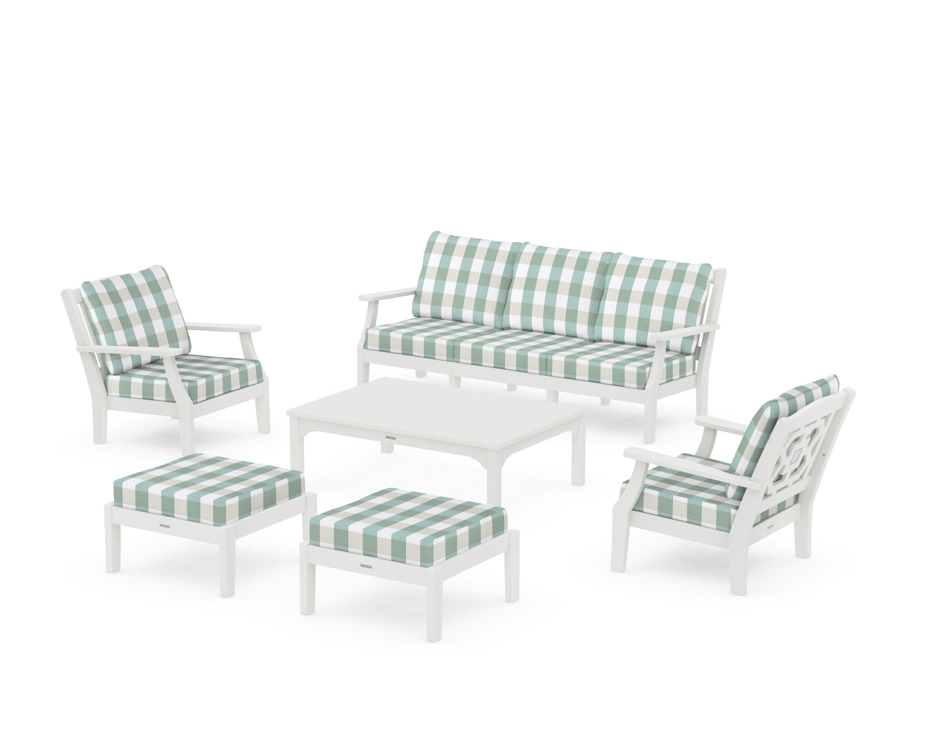 Chinoiserie 6-Piece Lounge Sofa Set in Vintage White / Buffalo Plaid Glacier Spa