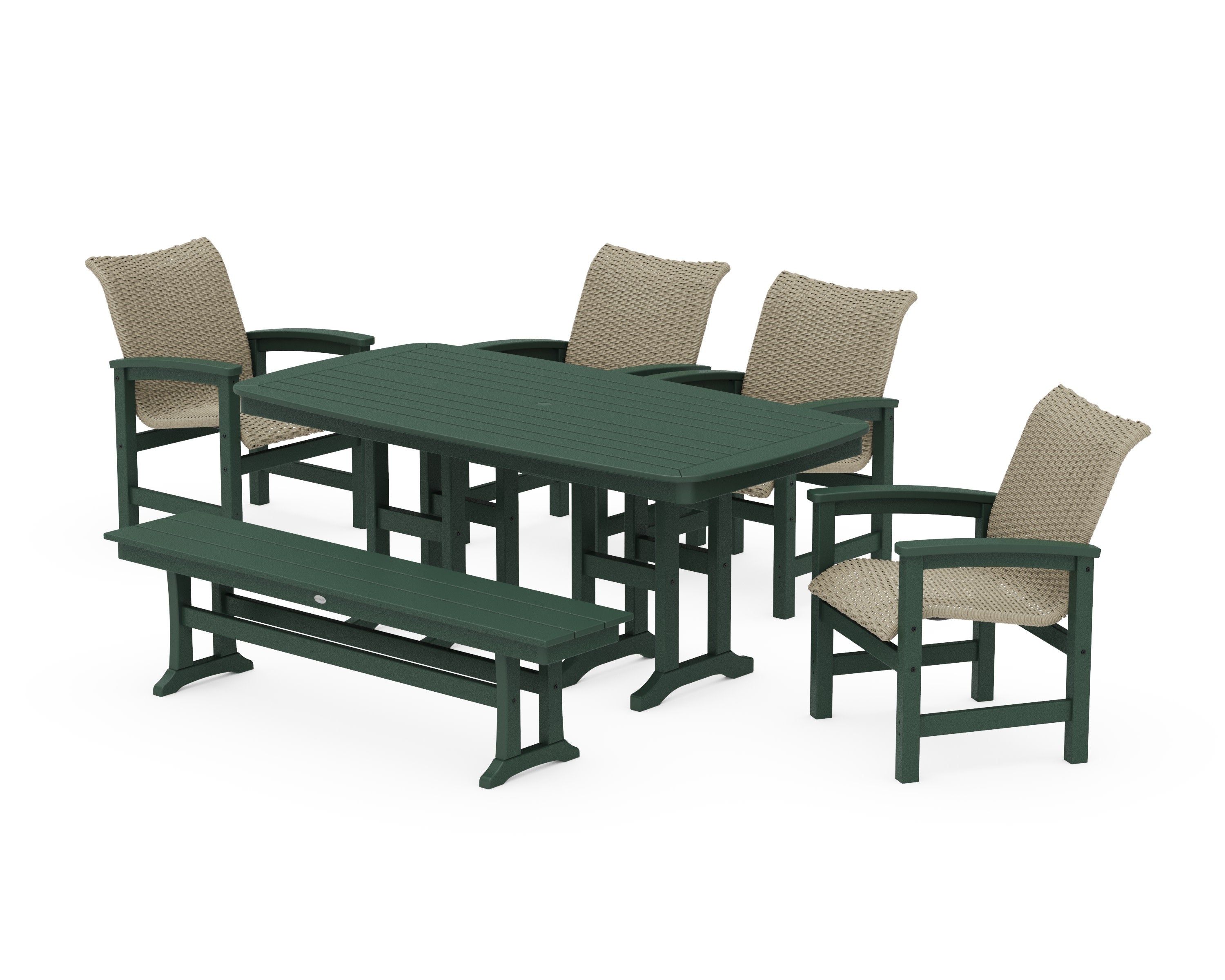 Coastal Woven 6-Piece Farmhouse Dining Set with Bench in Green / Dune Grass