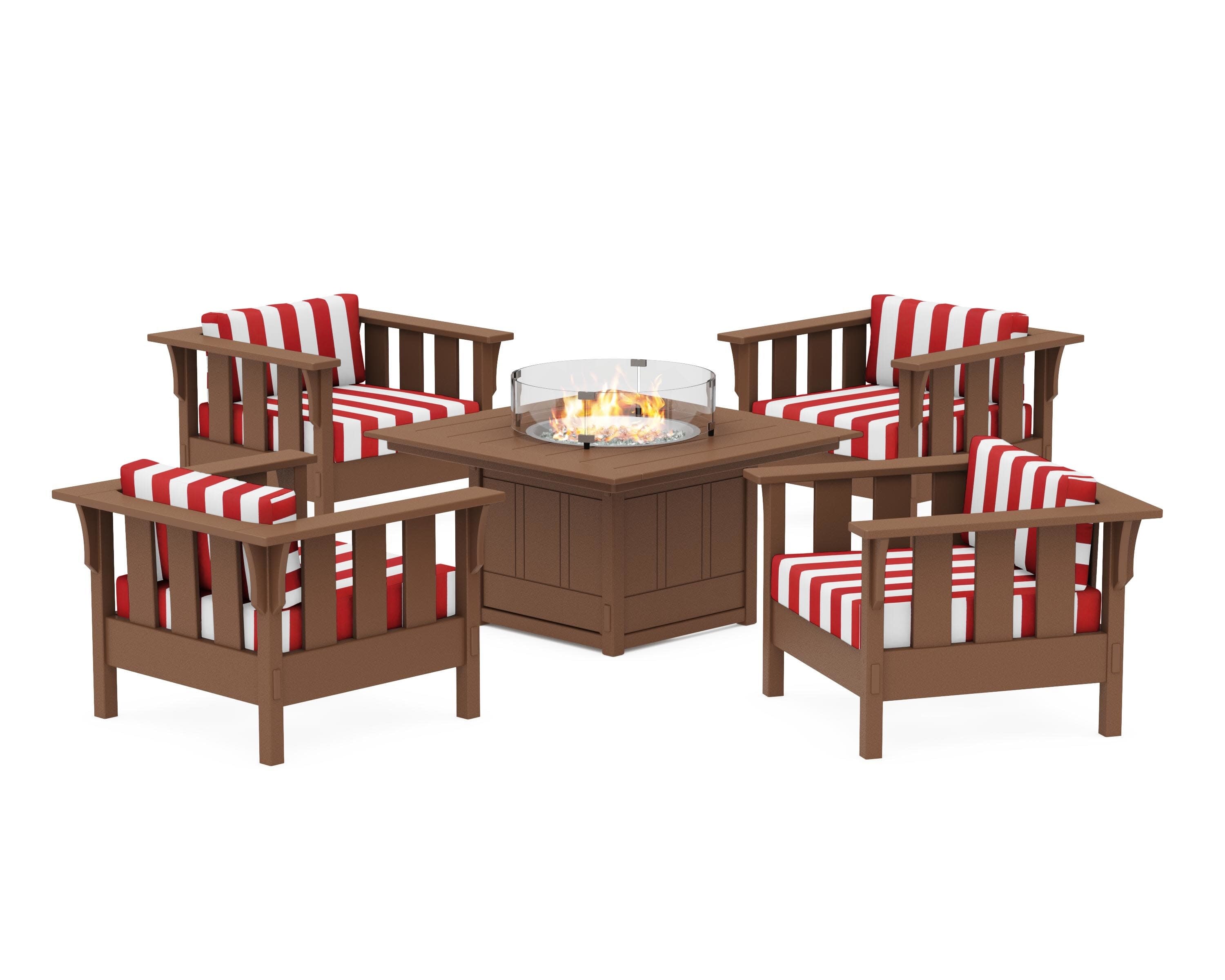 Acadia 5-Piece Deep Seating Set with Fire Pit Table in Teak / Cabana Stripe Crimson