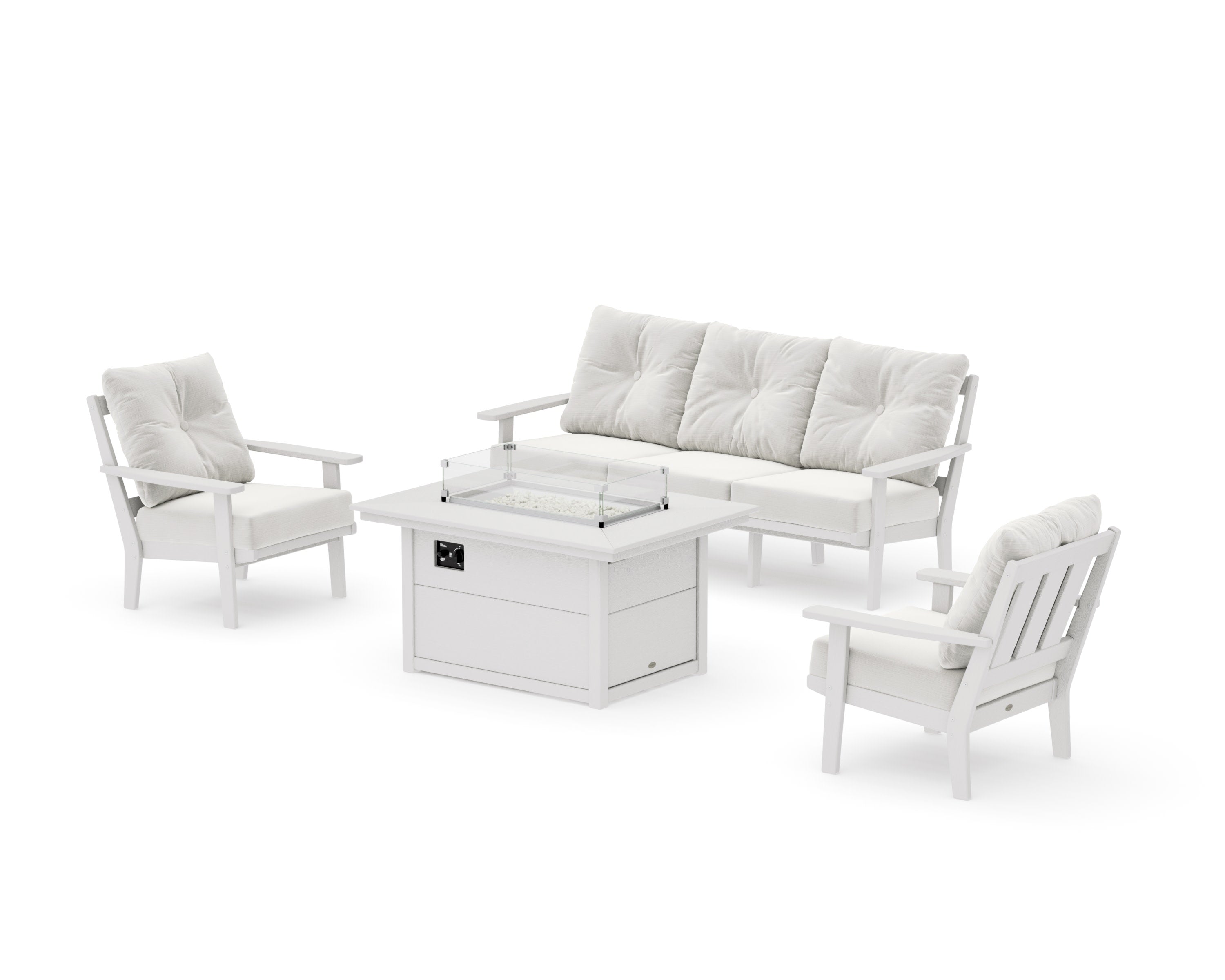 Oxford Deep Seating Fire Pit Table Set in Vintage White / Natural Linen