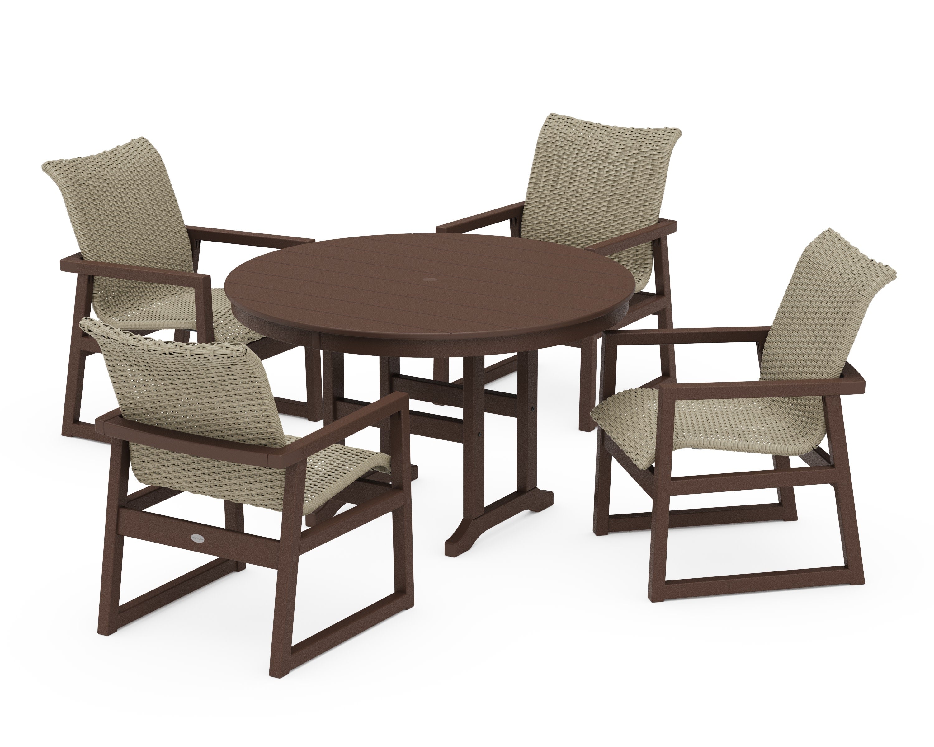 EDGE Woven 5-Piece Round Farmhouse Dining Set in Mahogany / Dune Grass