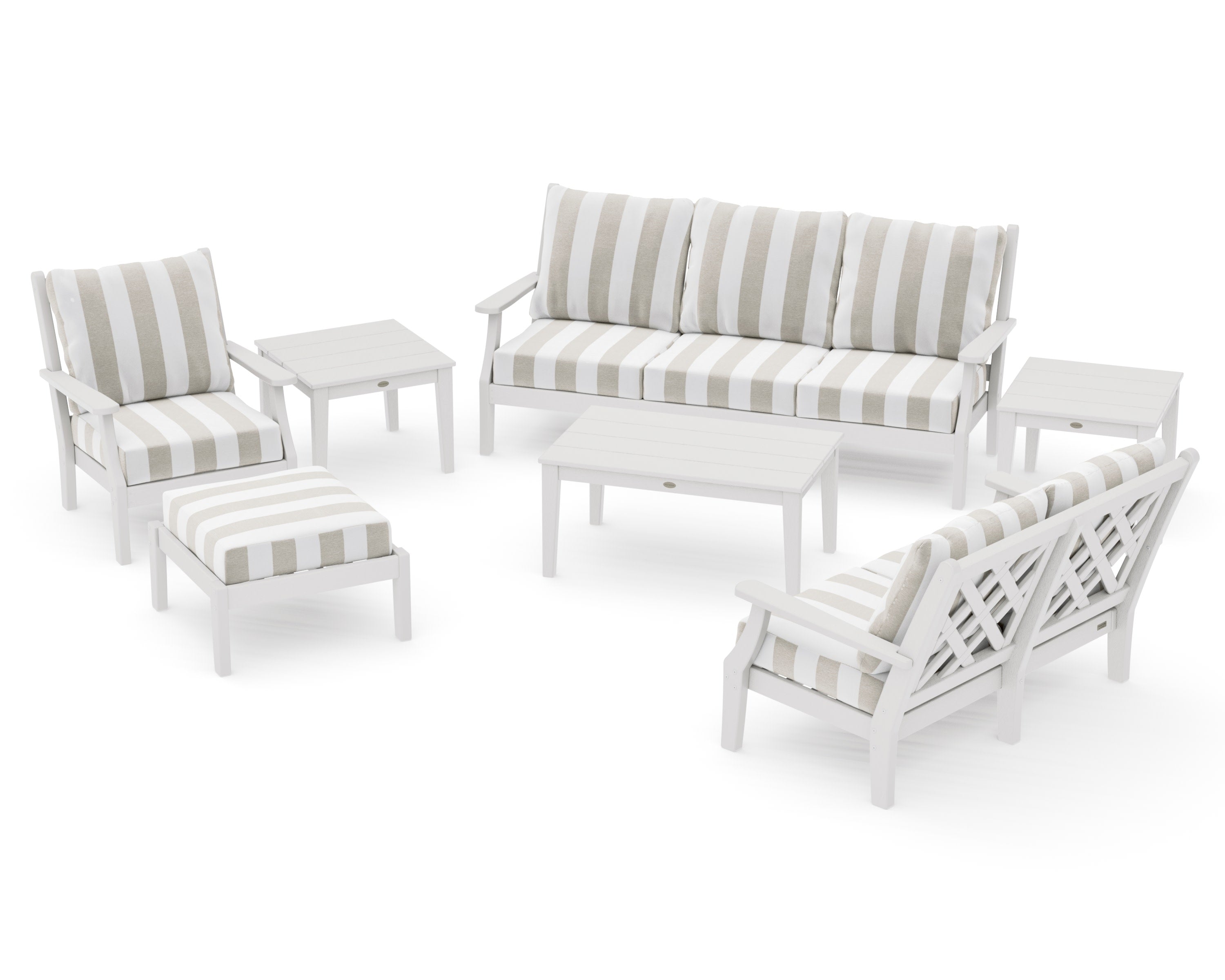 Wovendale 7-Piece Deep Seating Set in Vintage White / Cabana Stripe Dune Burlap
