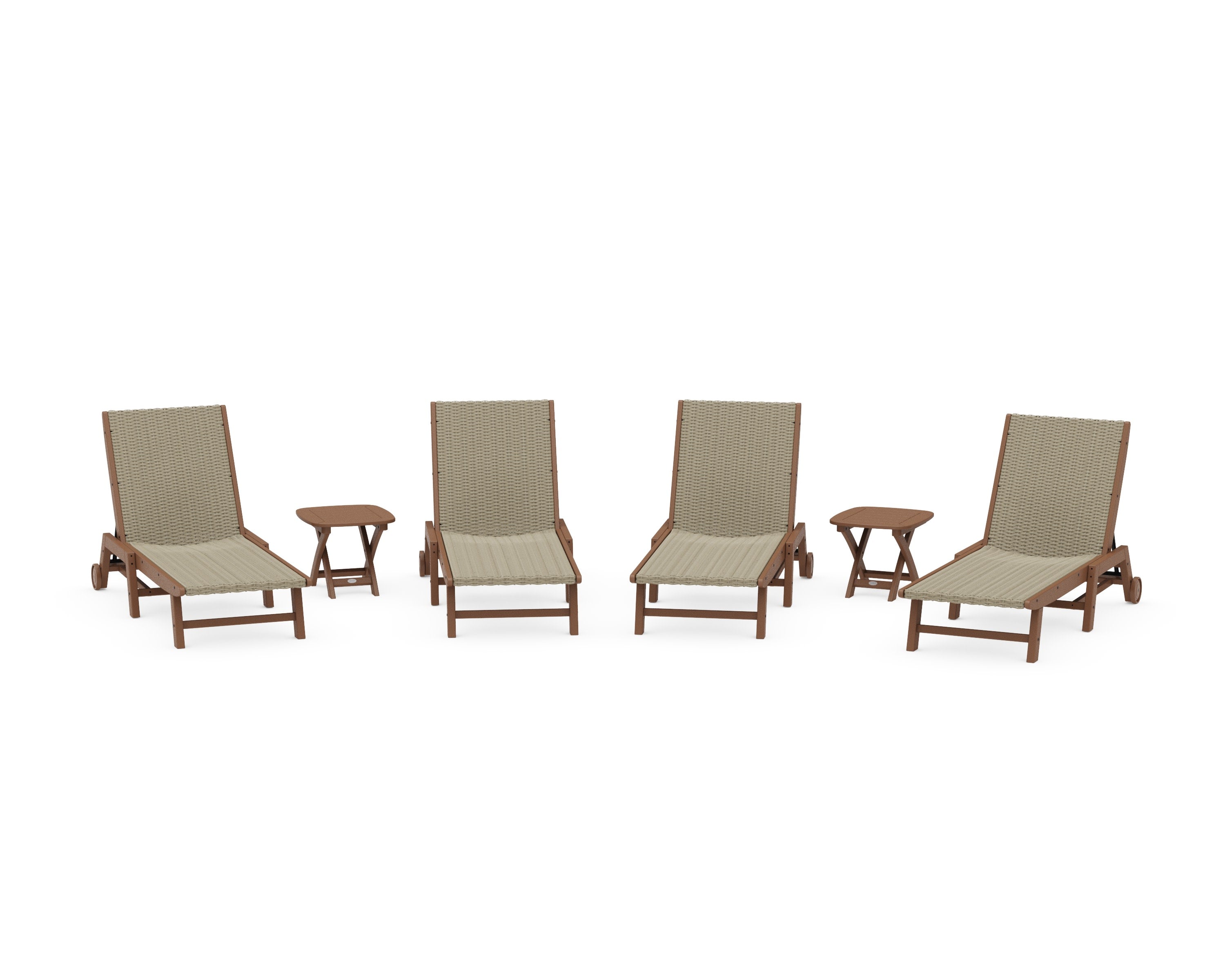 6- Piece Coastal Woven Chaise with Wheels Chaise Lounge Set in Teak / Dune Grass