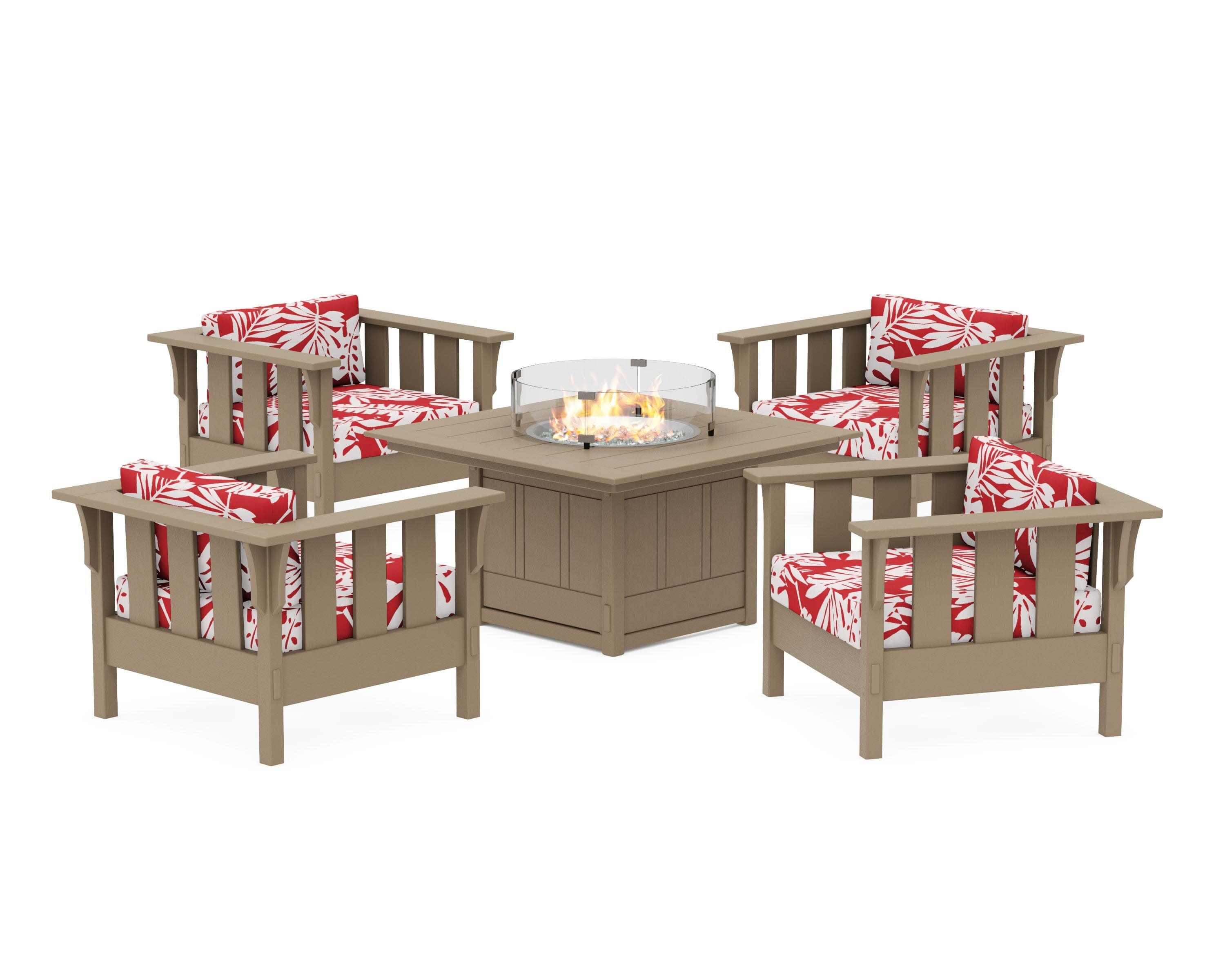 Acadia 5-Piece Deep Seating Set with Fire Pit Table in Vintage Sahara / Leaf Crimson