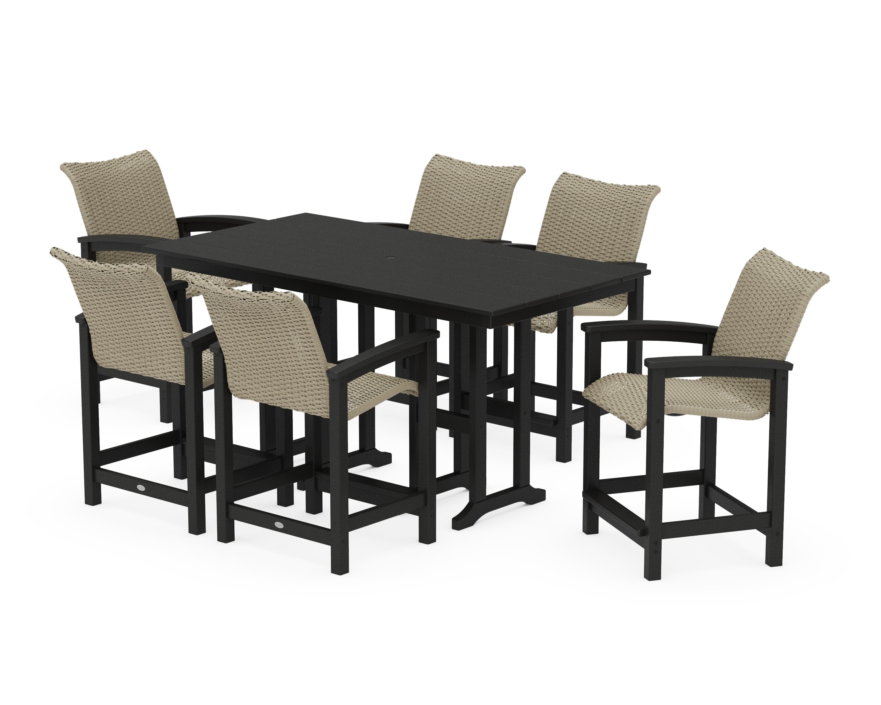 Coastal Woven Arm Chair 7-Piece Farmhouse Counter Set in Black / Dune Grass
