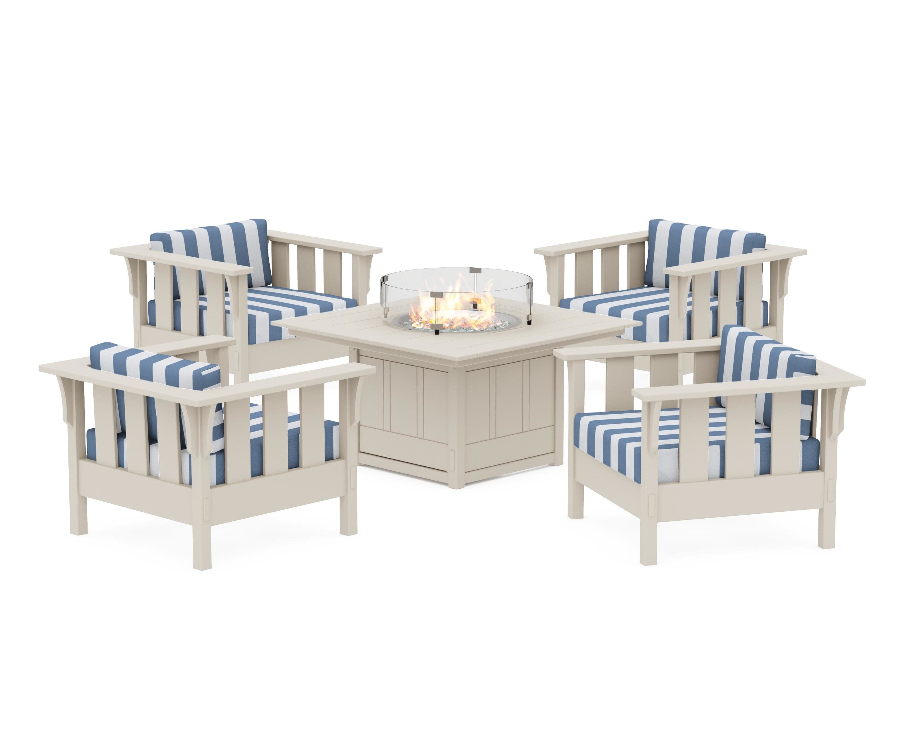 Acadia 5-Piece Deep Seating Set with Fire Pit Table in Sand / Cabana Stripe Sky Blue