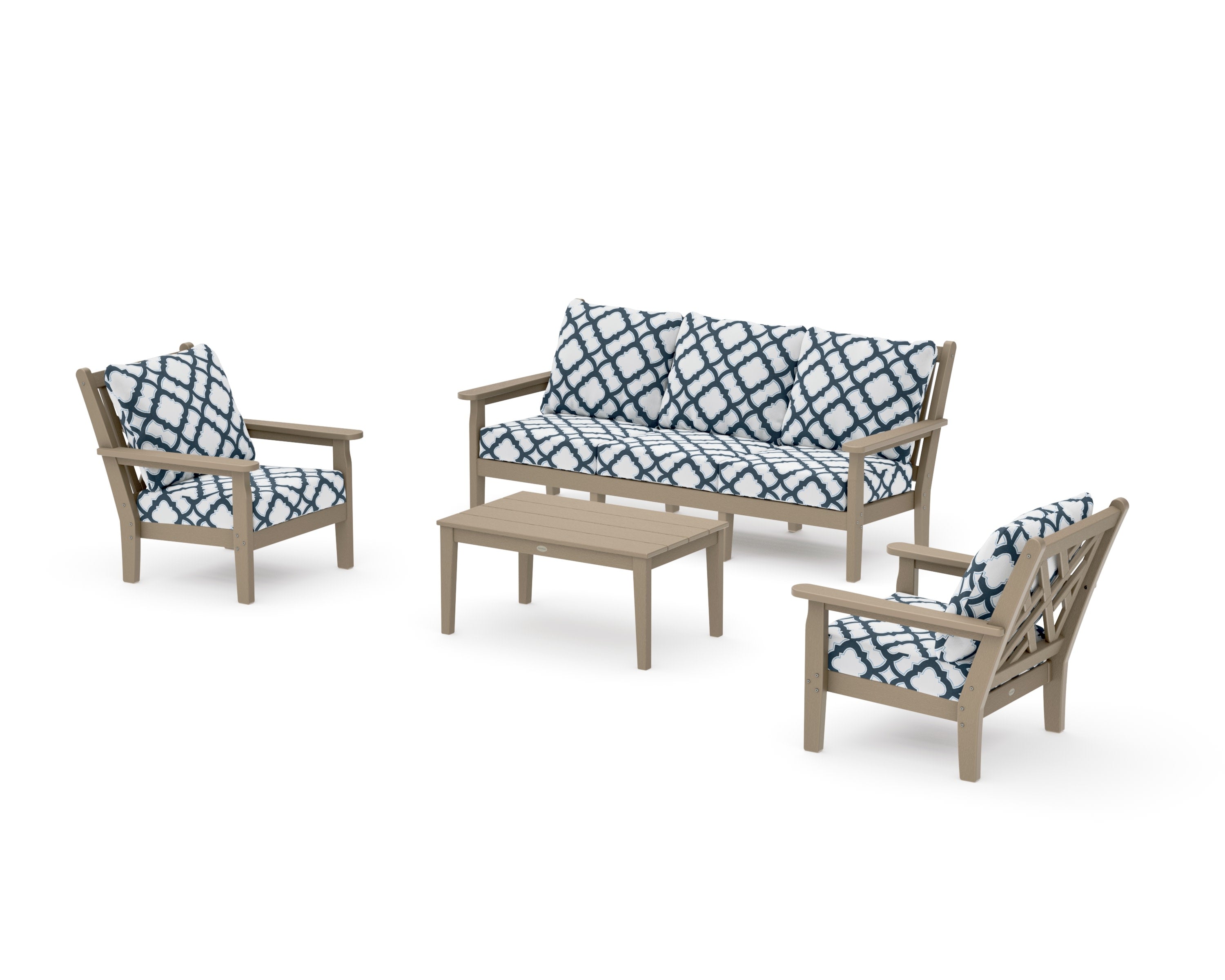 Chippendale 4-Piece Deep Seating Set with Sofa in Vintage Sahara / Trellis Marine Indigo