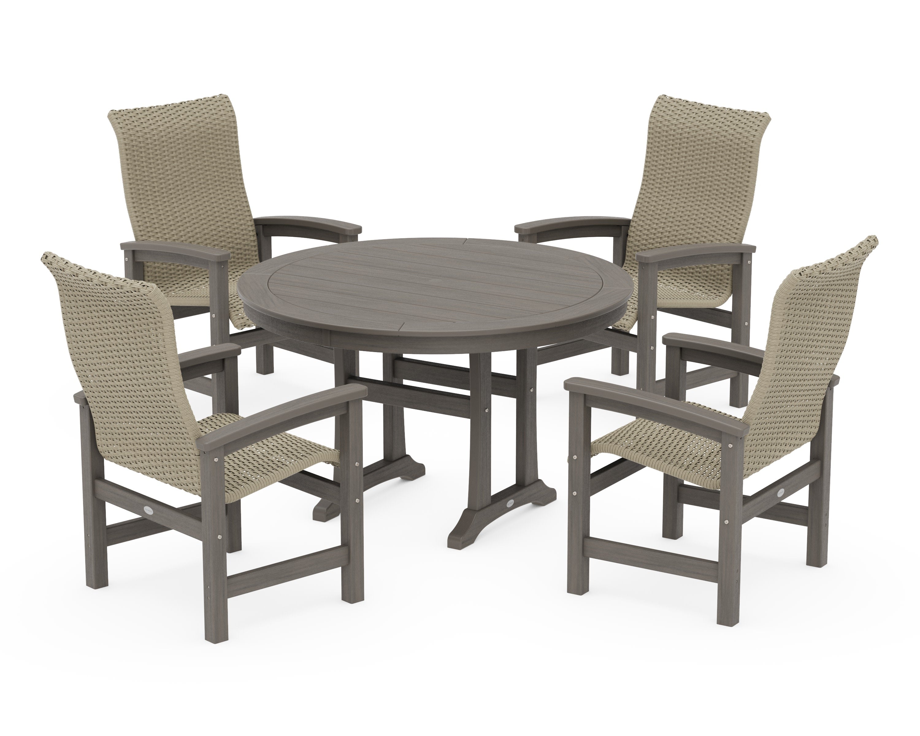 Coastal Woven High-Back 5-Piece Round Dining Set with Trestle Legs in Driftwood / Dune Grass