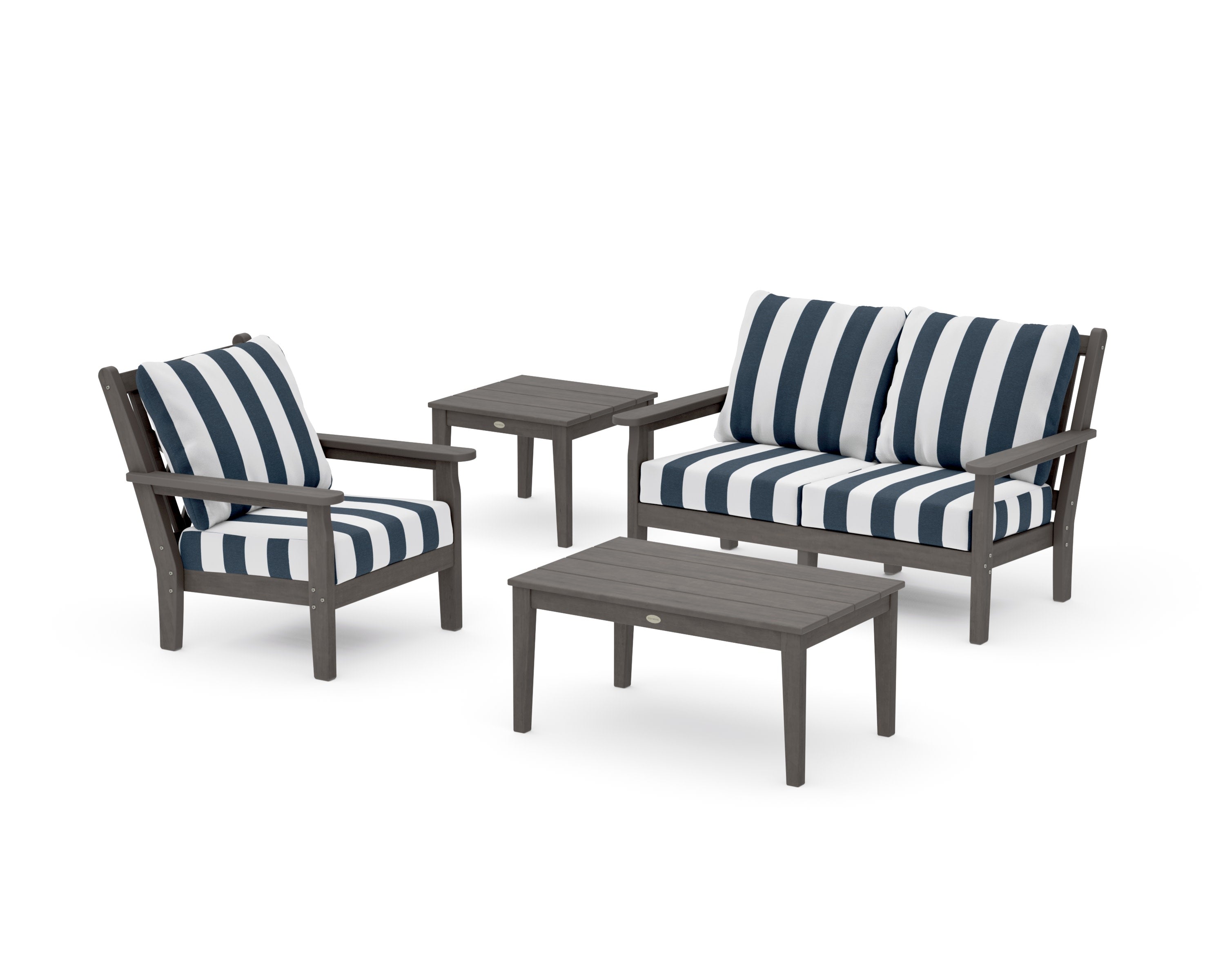 Chippendale 4-Piece Deep Seating Set in Driftwood / Cabana Stripe Marine Indigo