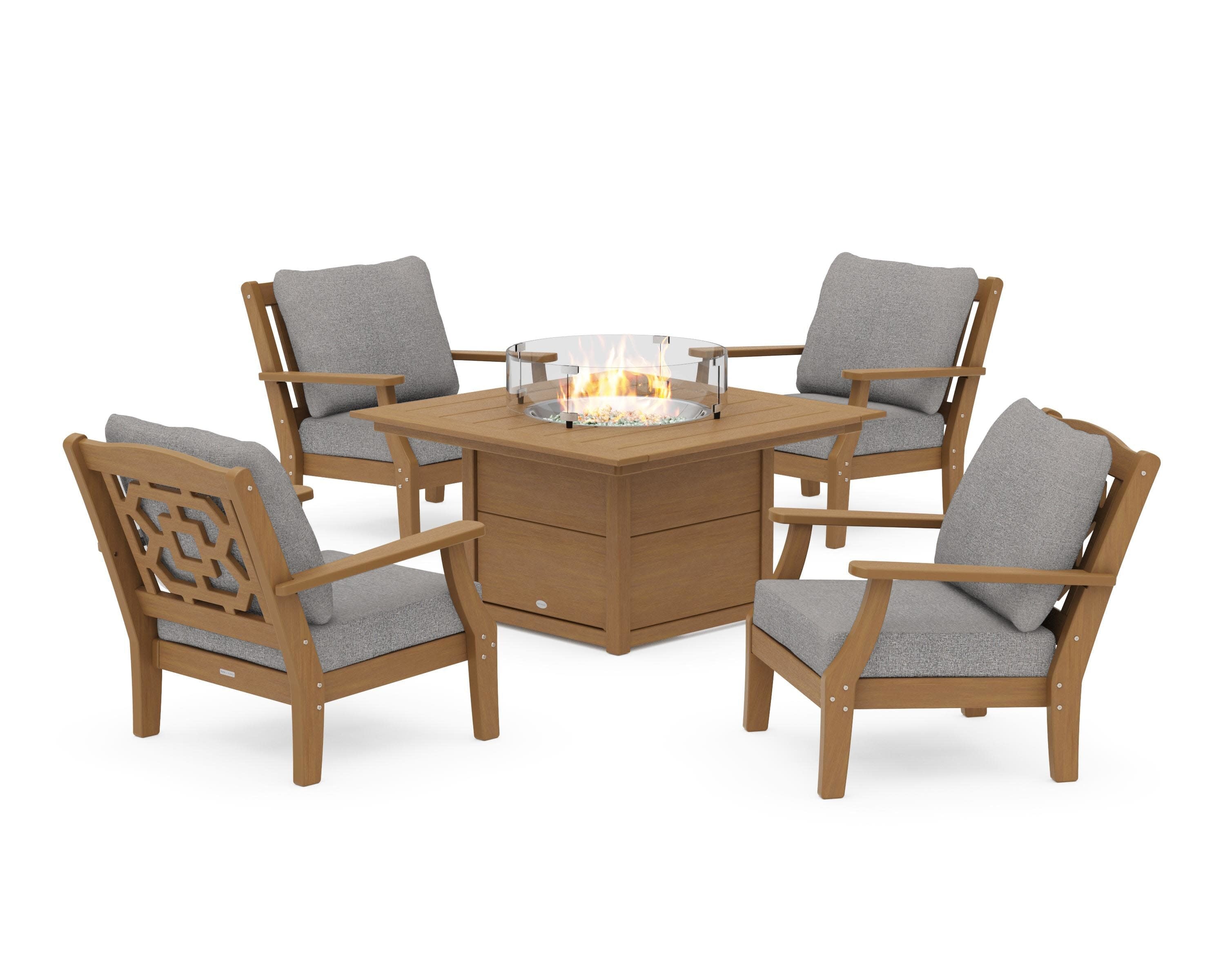 Chinoiserie 5-Piece Deep Seating Set with Fire Pit Table in Natural / Grey Mist