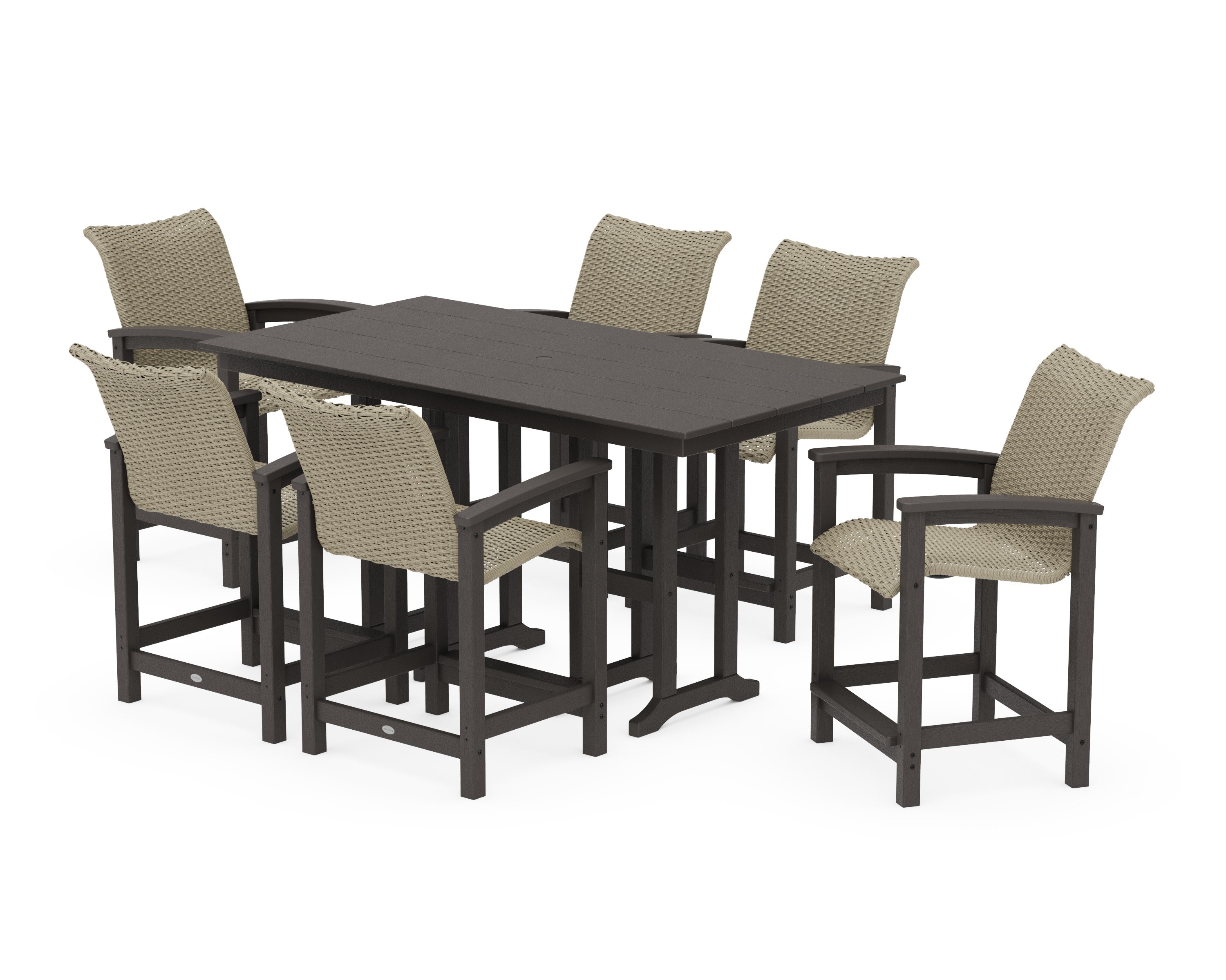 Coastal Woven Arm Chair 7-Piece Farmhouse Counter Set in Vintage Coffee / Dune Grass
