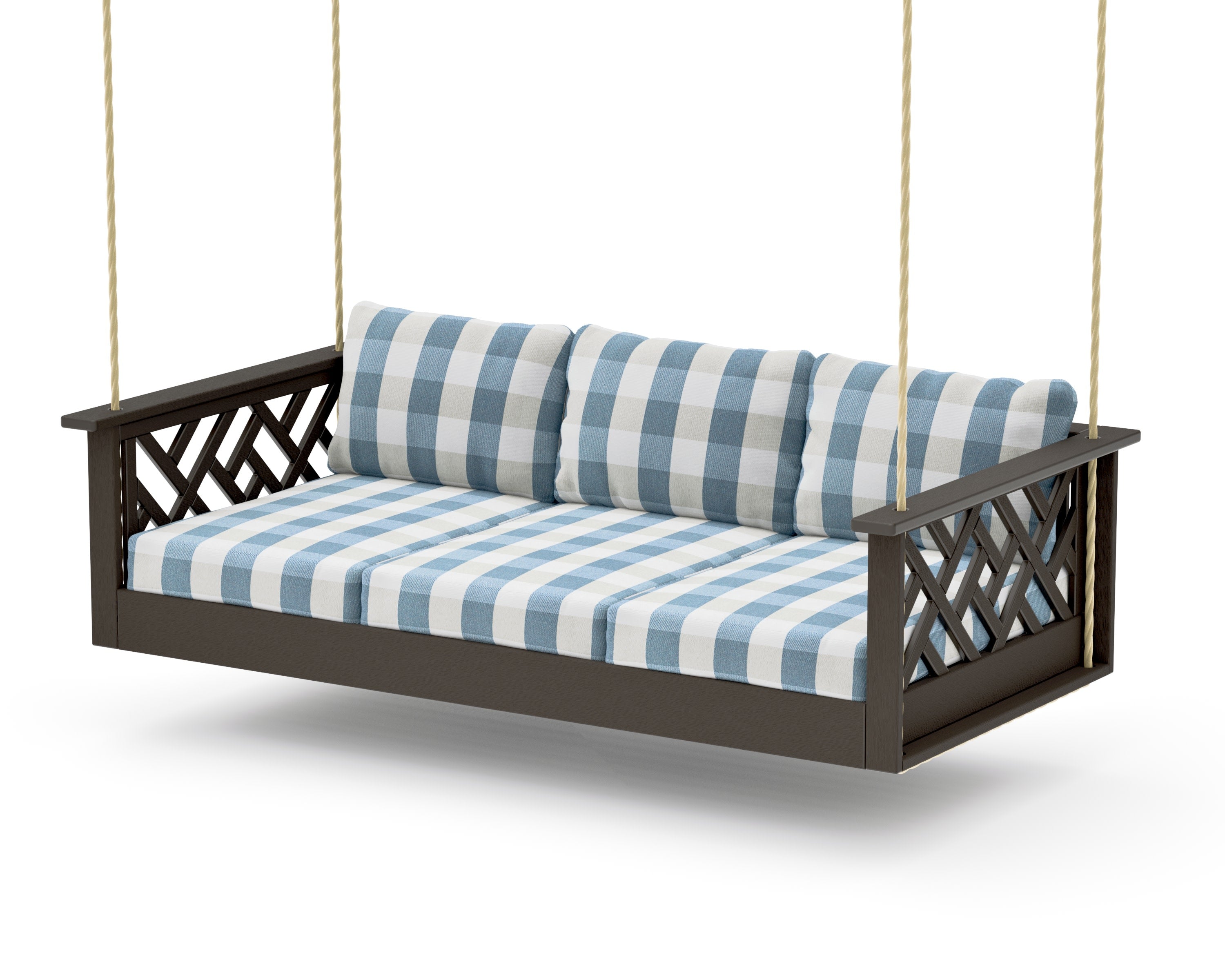 Chippendale Daybed Swing in Vintage Coffee / Buffalo Plaid Sky Blue