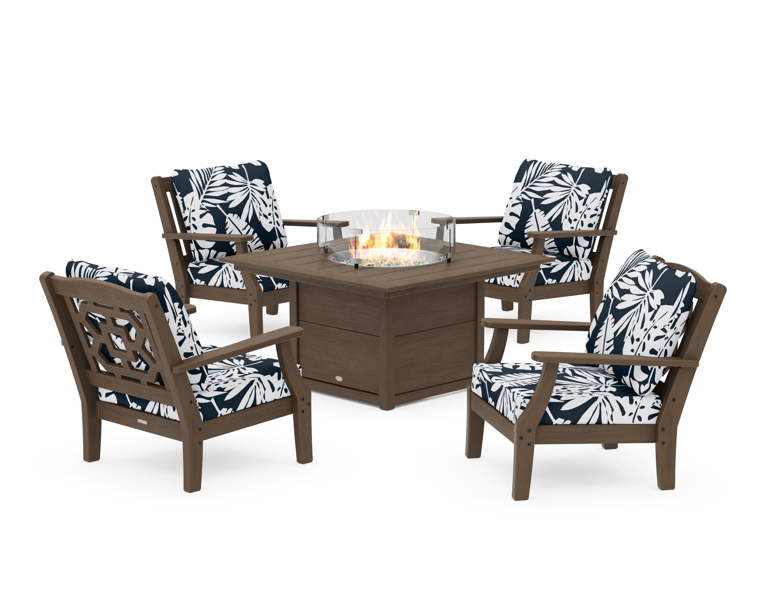 Chinoiserie 5-Piece Deep Seating Set with Fire Pit Table in Kona / Leaf Marine Indigo