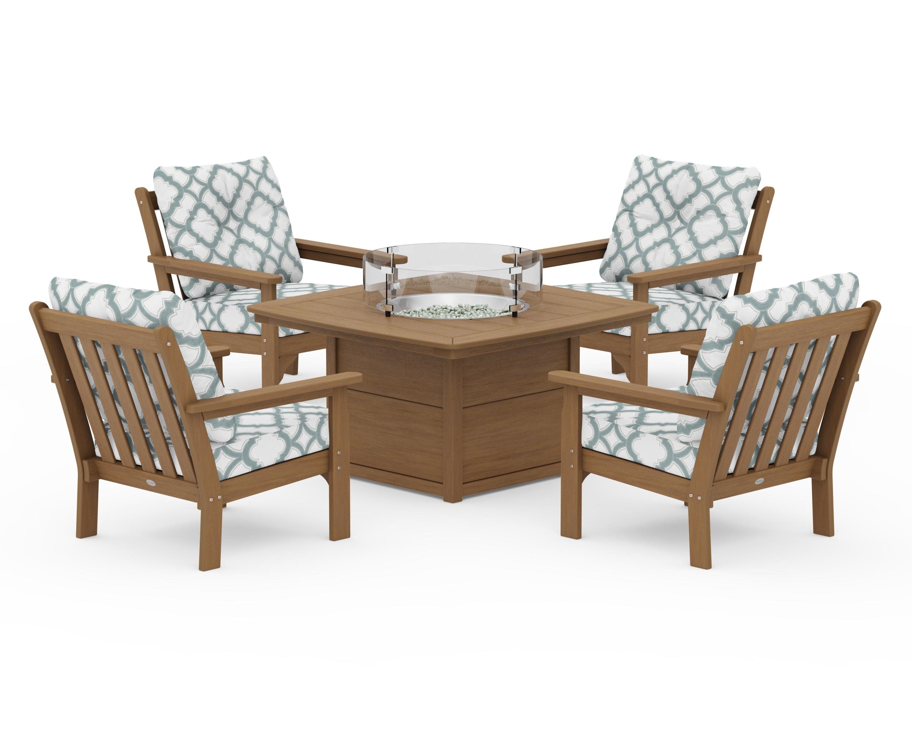 Vineyard 5-Piece Conversation Set with Fire Pit Table in Natural / Trellis Glacier Spa
