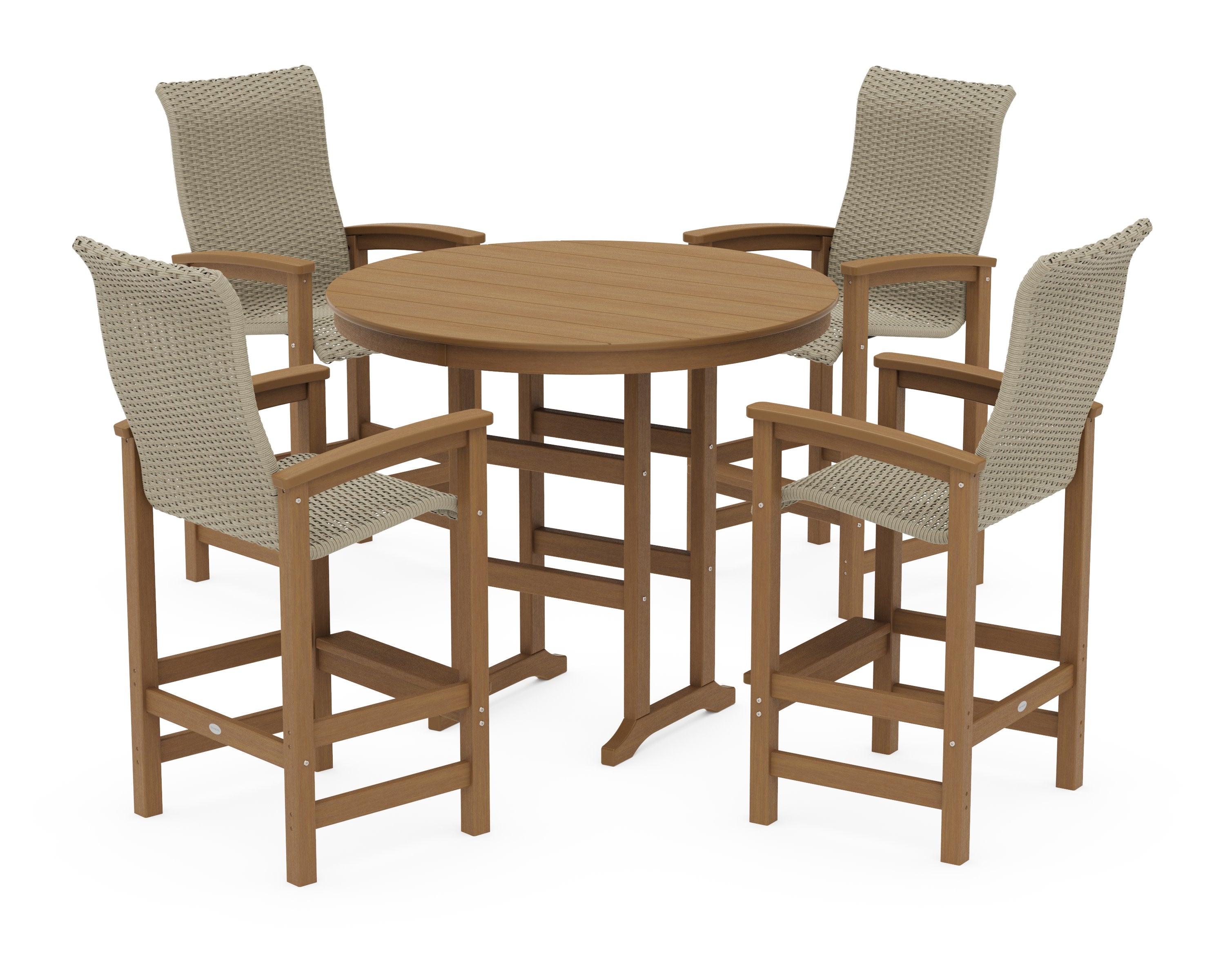 Coastal Woven High-Back 5-Piece Round Farmhouse Bar Set in Natural / Dune Grass