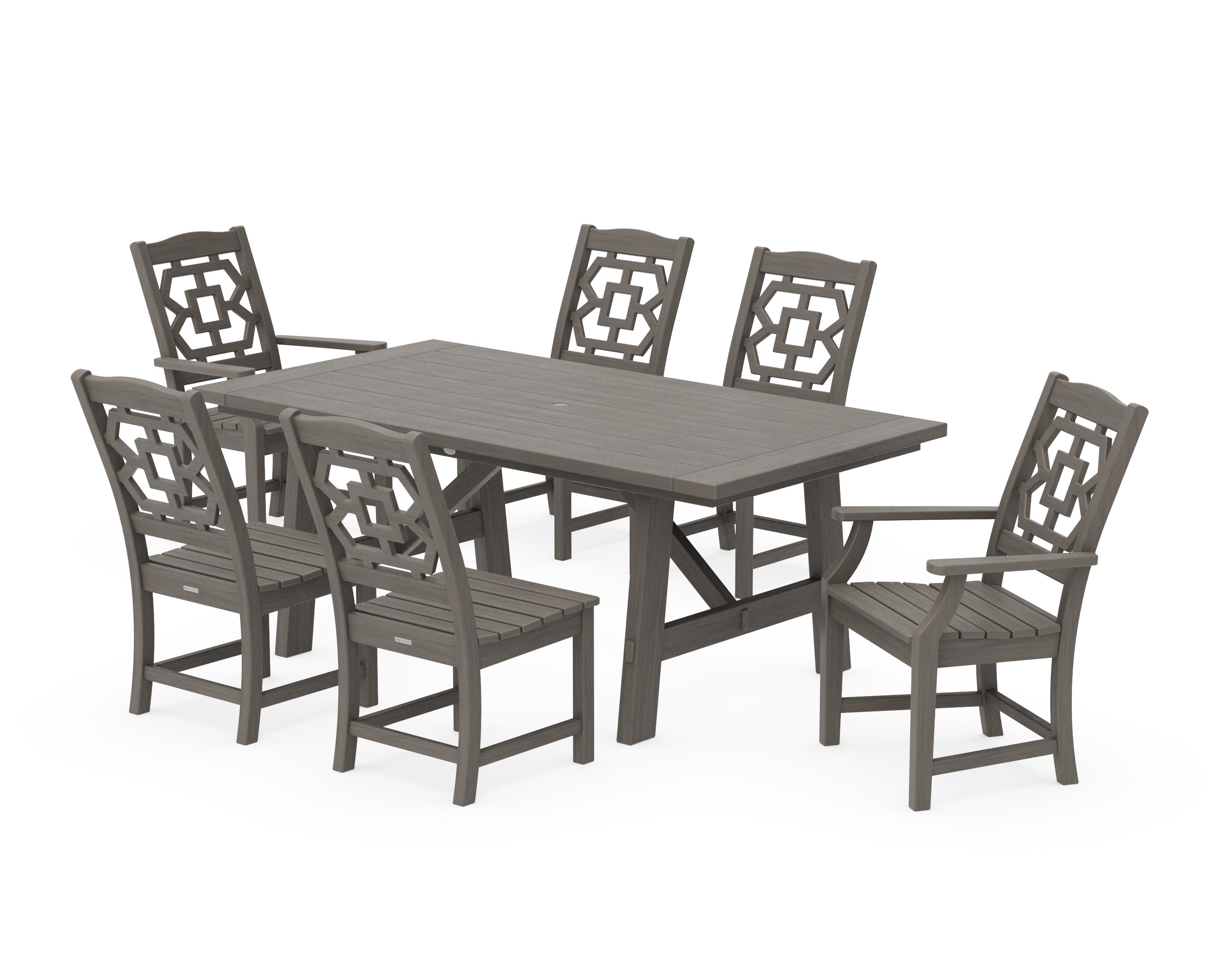 Chinoiserie 7-Piece Rustic Farmhouse Dining Set in Driftwood