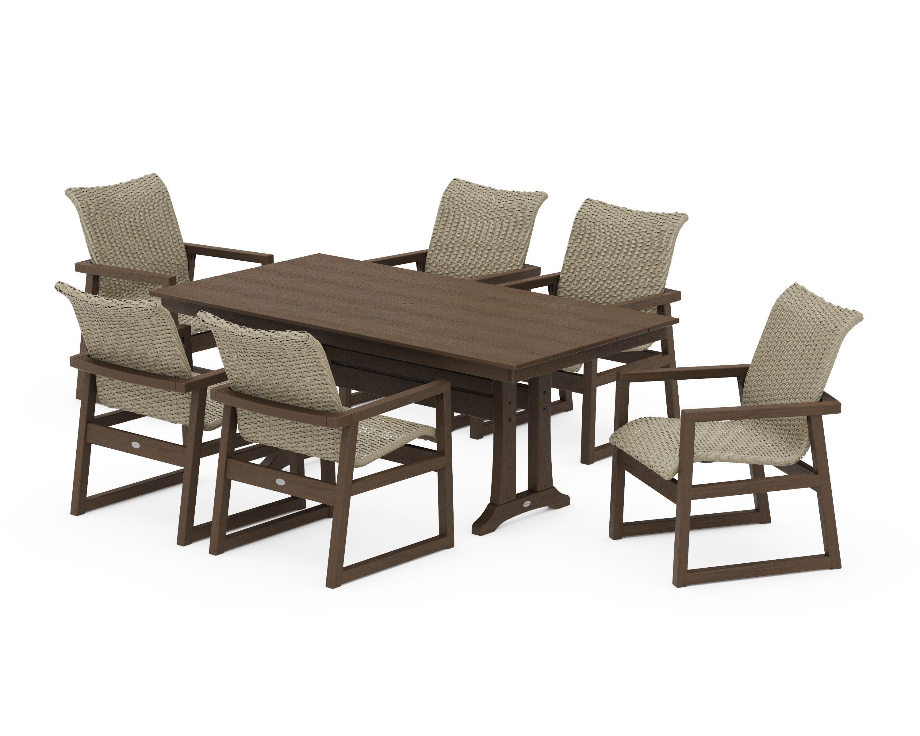 EDGE Woven Arm Chair 7-Piece Farmhouse Dining Set with Trestle Legs in Kona / Dune Grass