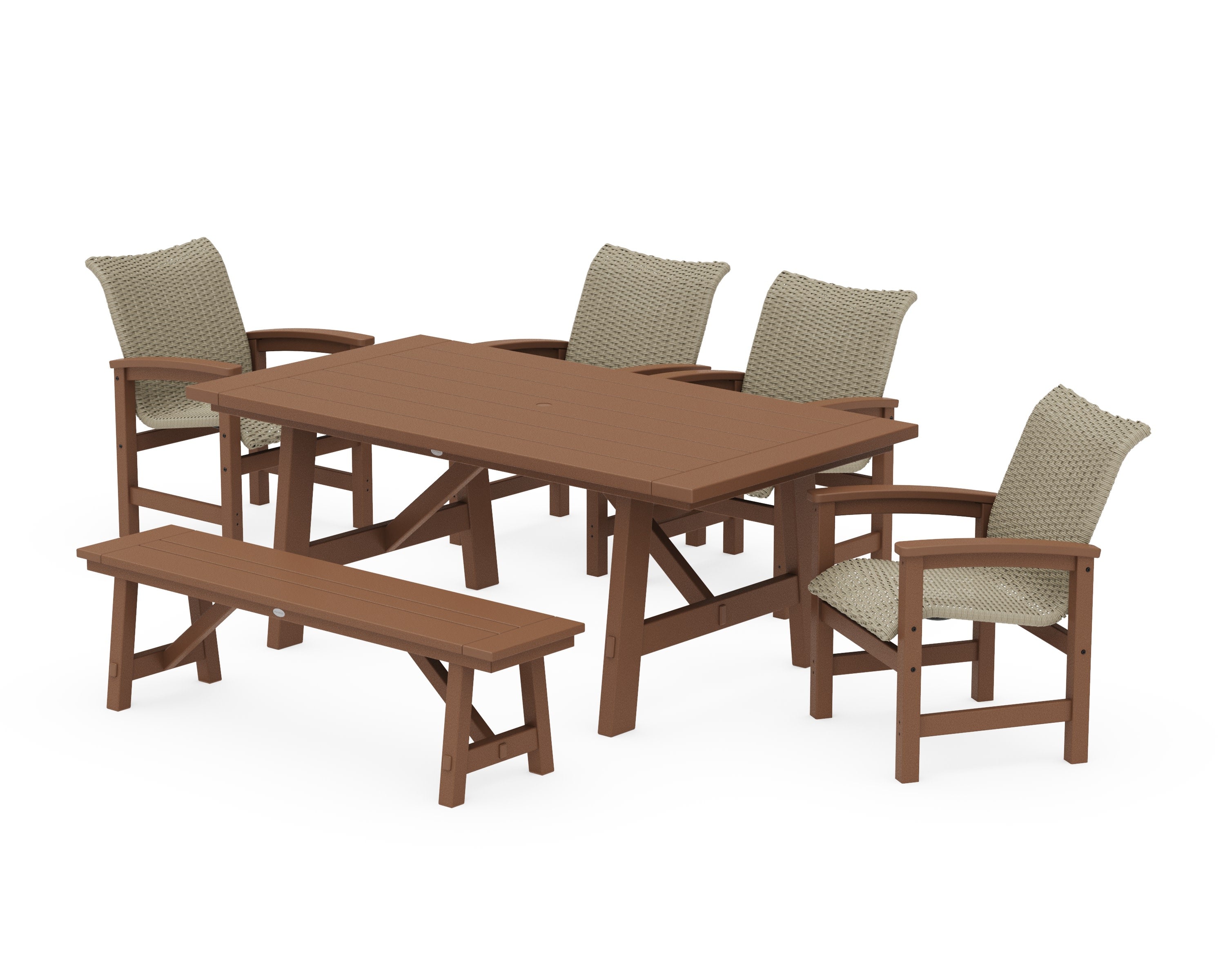 Coastal Woven 6-Piece Rustic Farmhouse Dining Set with Bench in Teak / Dune Grass