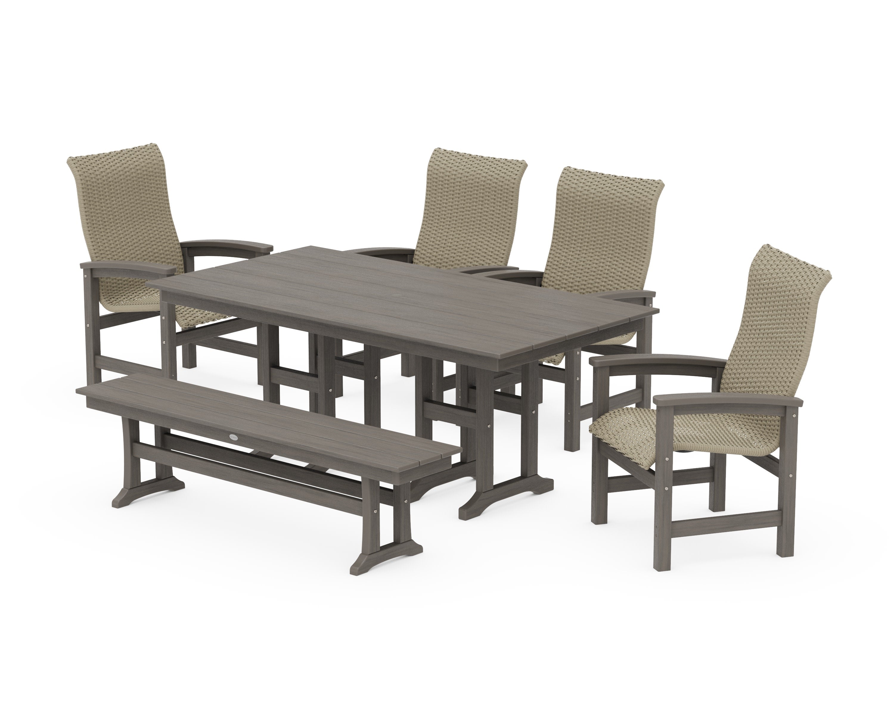 Coastal Woven High-Back 6-Piece Farmhouse Dining Set with Bench in Driftwood / Dune Grass