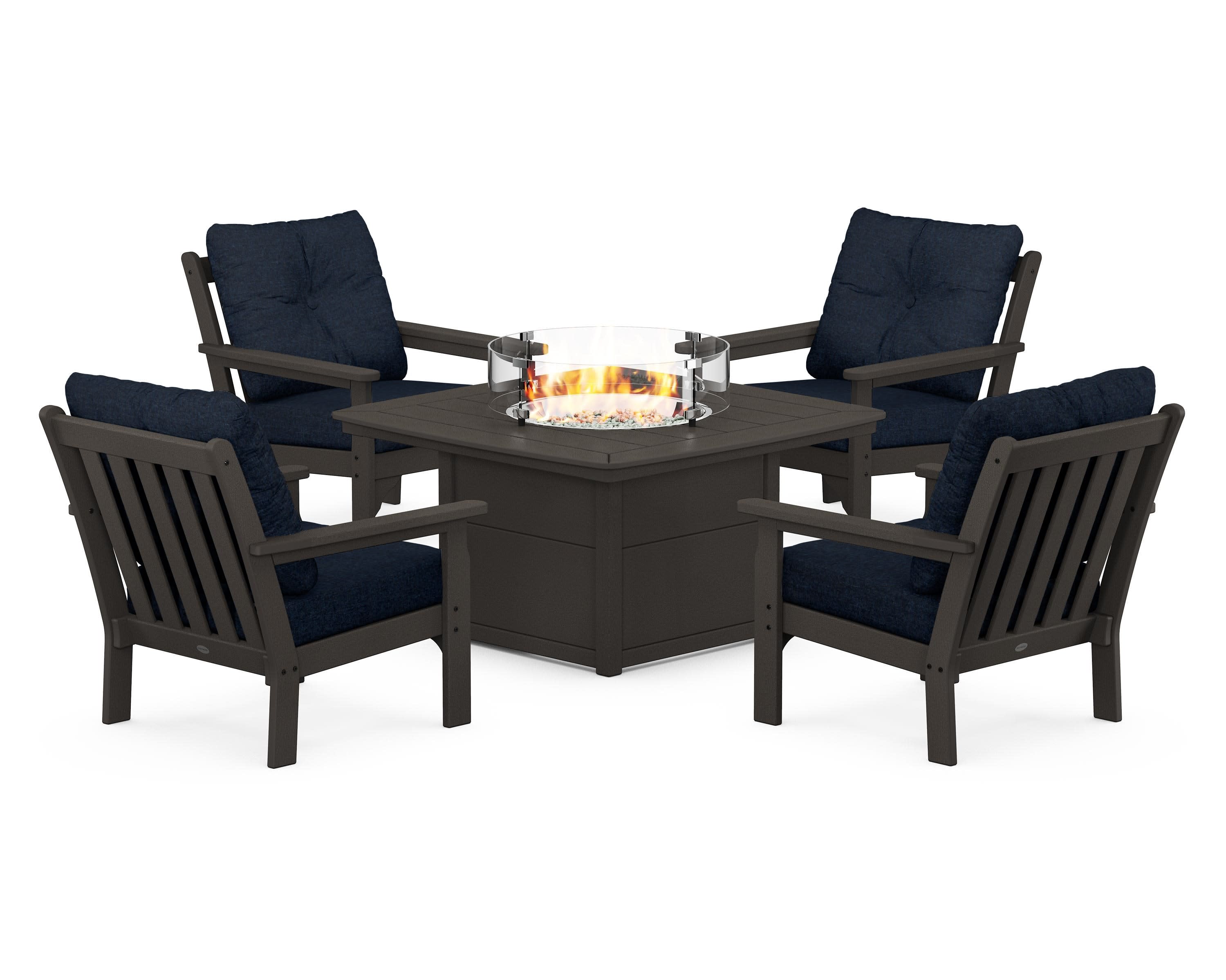 Vineyard 5-Piece Conversation Set with Fire Pit Table in Vintage Coffee / Marine Indigo
