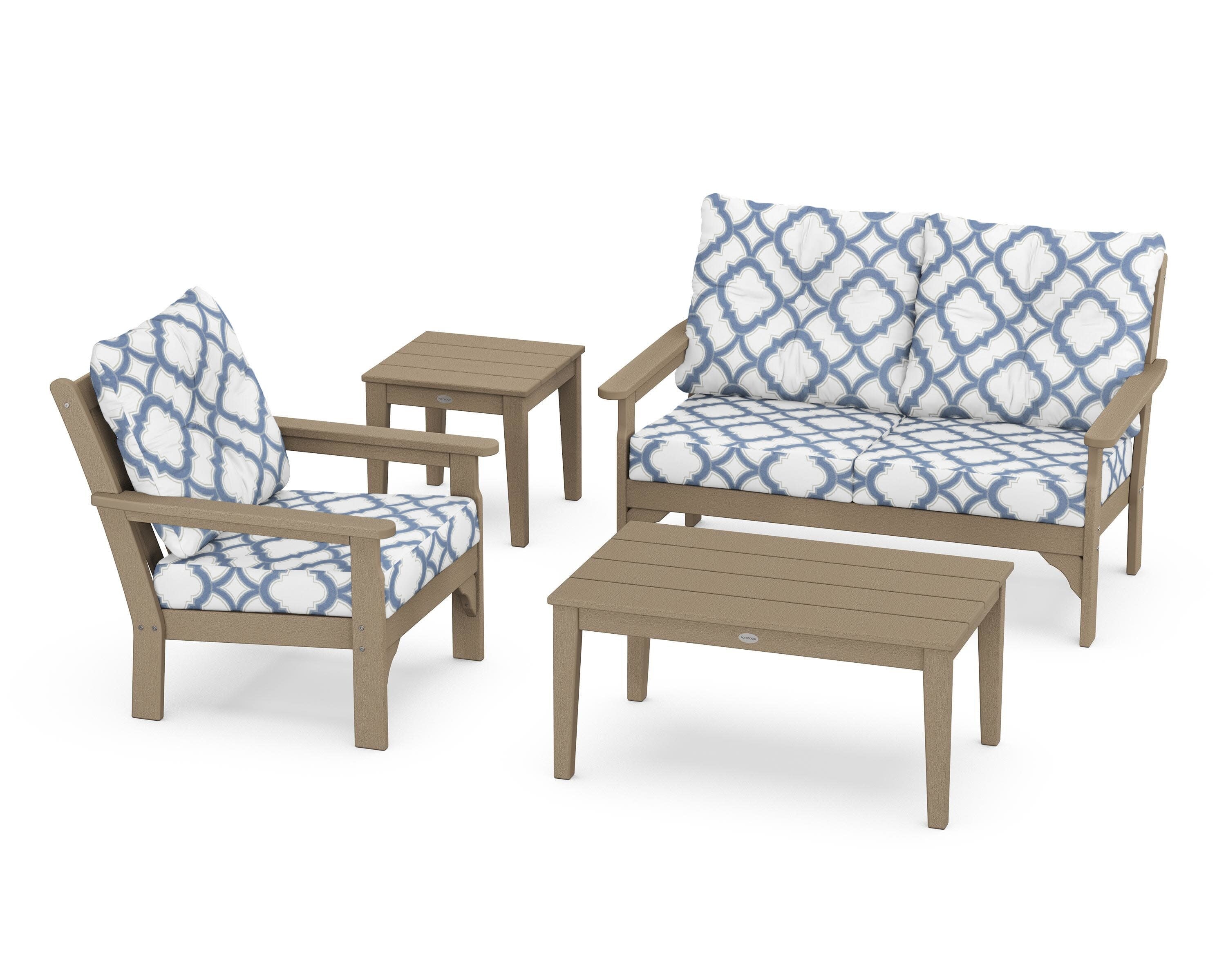 Vineyard 4-Piece Deep Seating Set in Vintage Sahara / Trellis Sky Blue