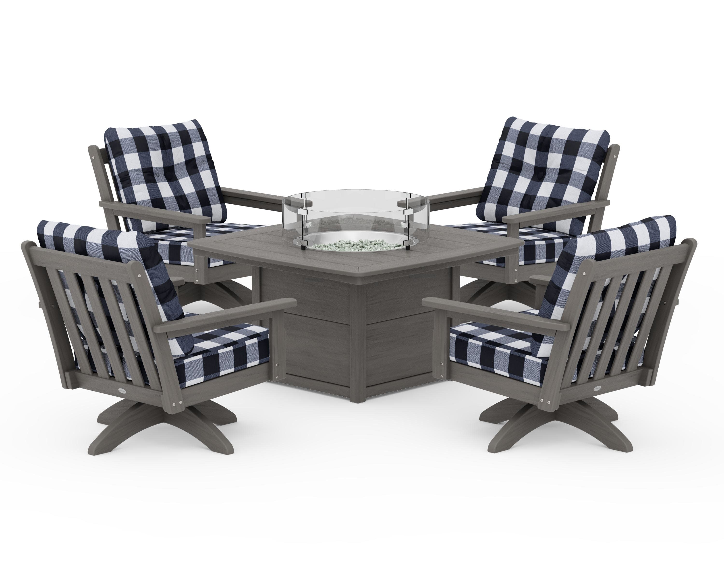 Vineyard 5-Piece Deep Seating Swivel Conversation Set with Fire Pit Table in Driftwood / Buffalo Plaid Marine Indigo