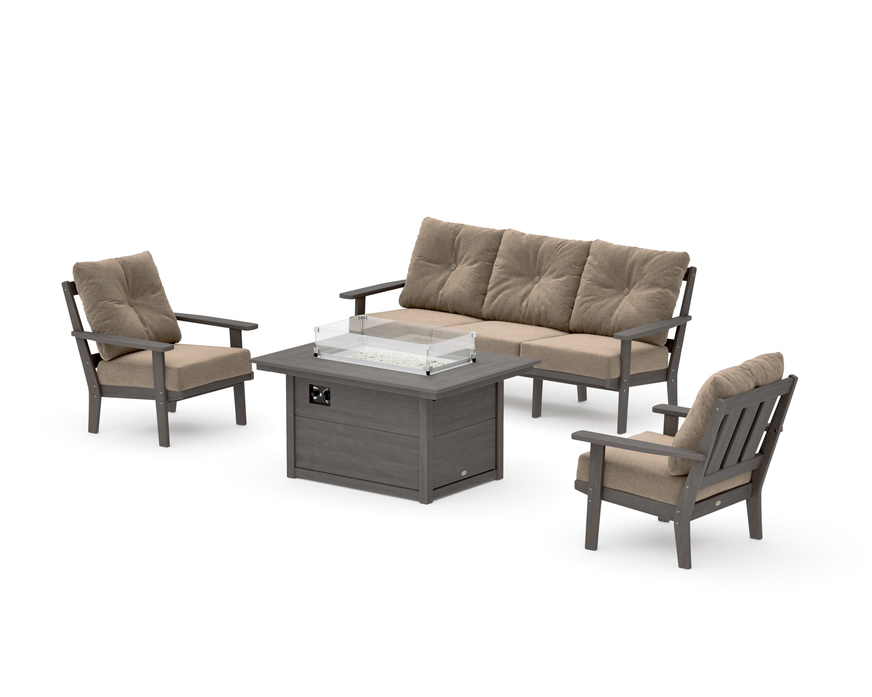 Oxford Deep Seating Fire Pit Table Set in Driftwood / Spiced Burlap
