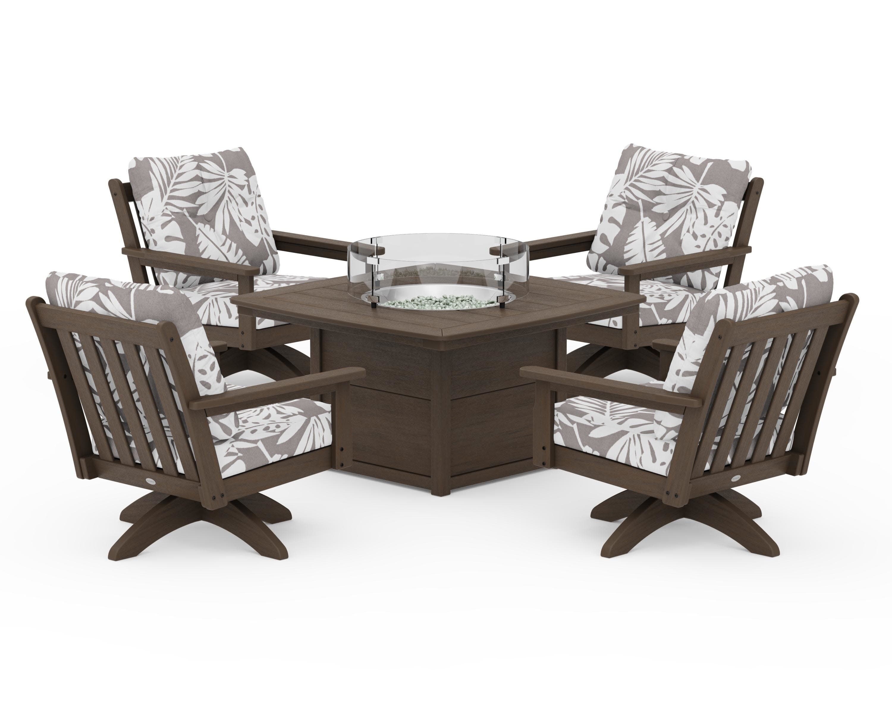 Vineyard 5-Piece Deep Seating Swivel Conversation Set with Fire Pit Table in Kona / Leaf Grey Mist