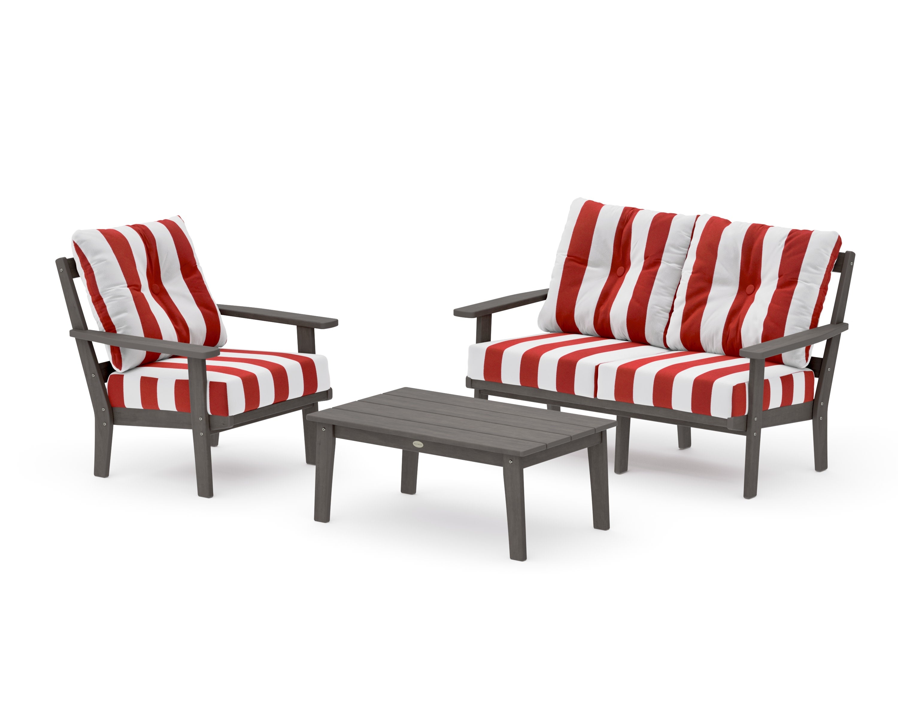 Oxford 3-Piece Deep Seating Set with Loveseat in Driftwood / Cabana Stripe Crimson