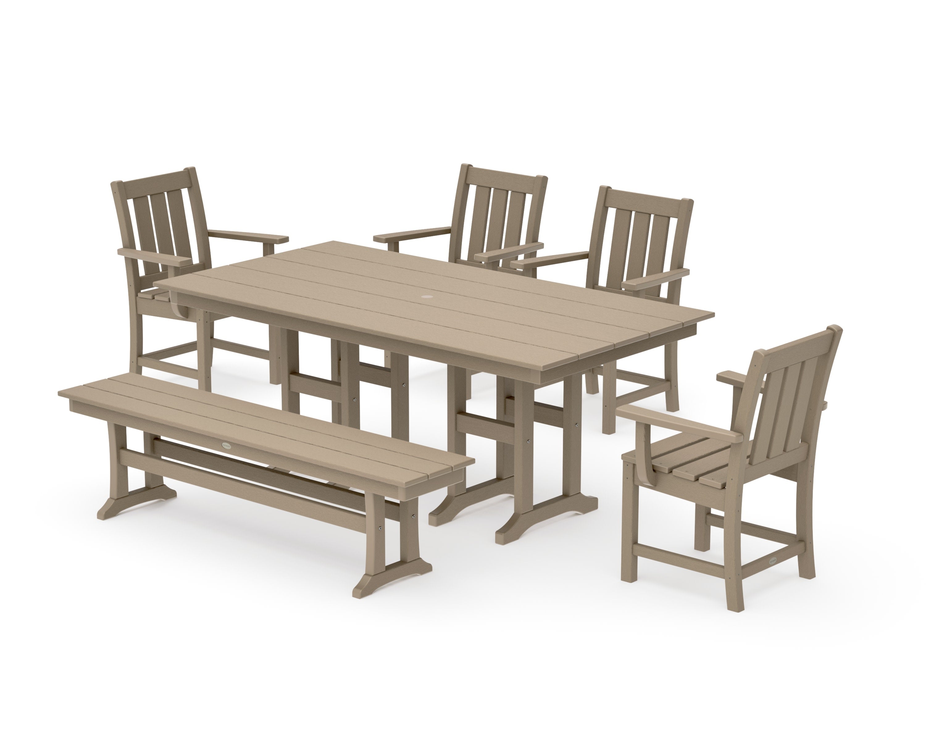 Oxford 6-Piece Farmhouse Dining Set with Bench in Vintage Sahara