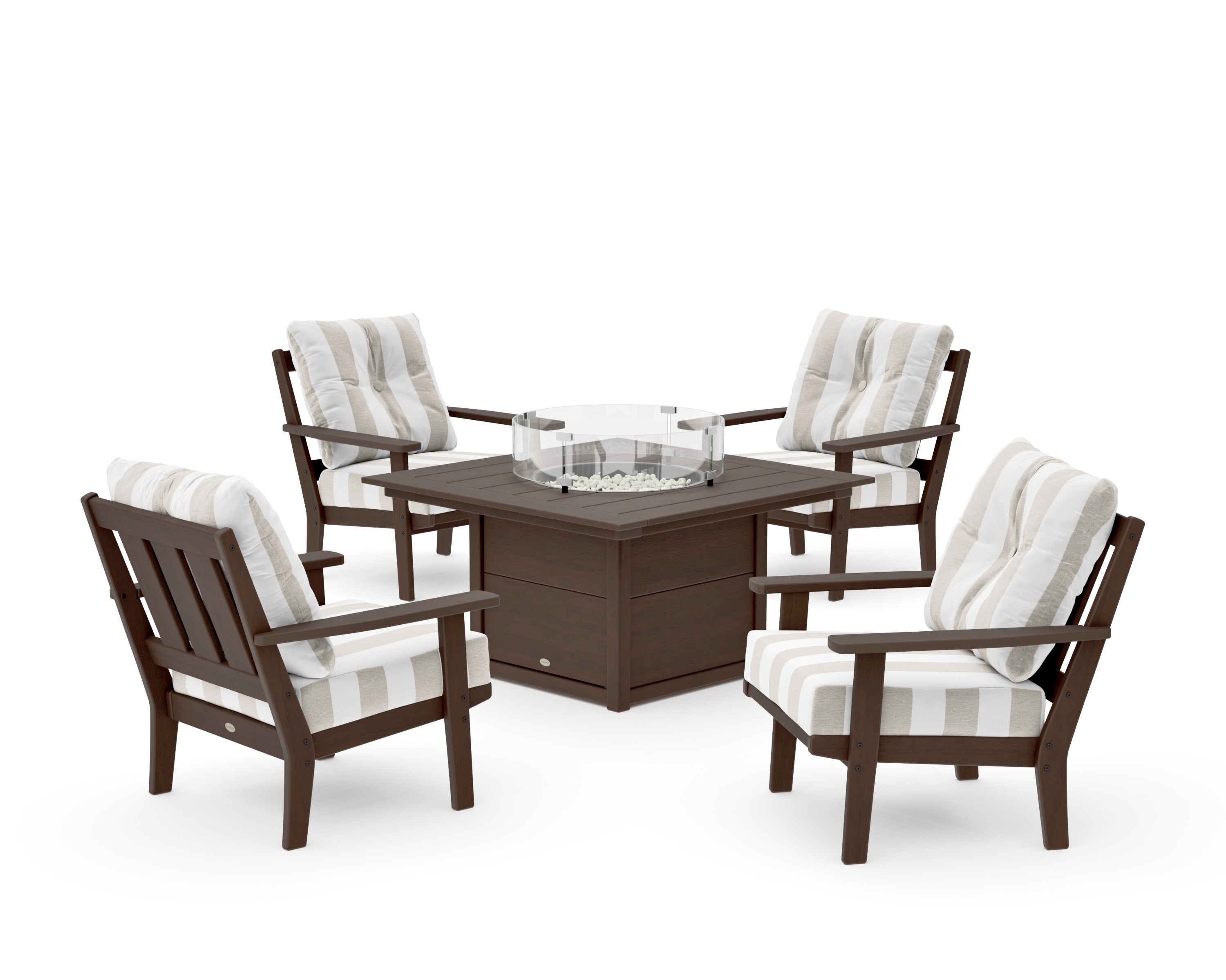 Oxford 5-Piece Deep Seating Set with Fire Pit Table in Kona / Cabana Stripe Dune Burlap