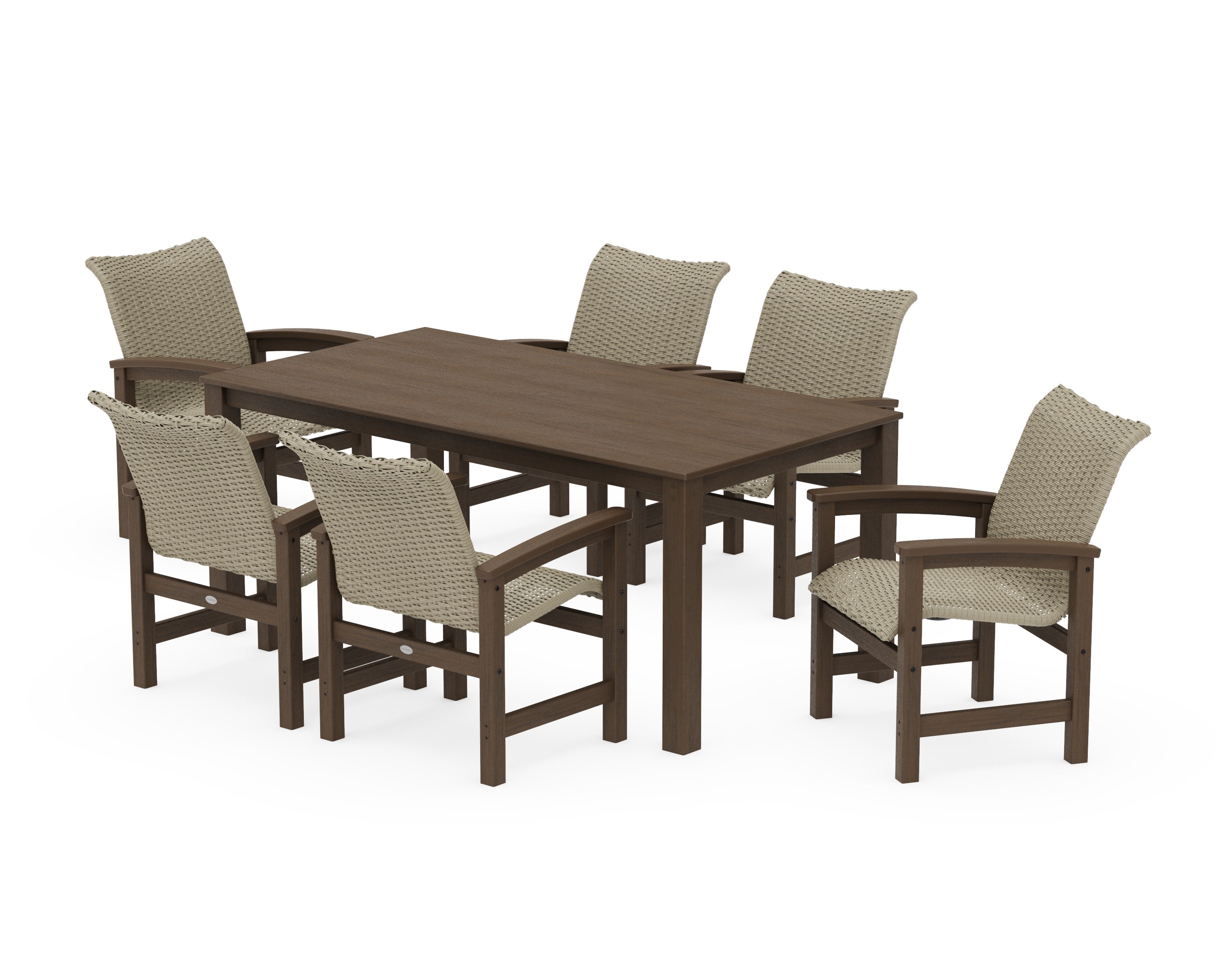 Coastal Woven Arm Chair 7-Piece Parsons Dining Set in Kona / Dune Grass