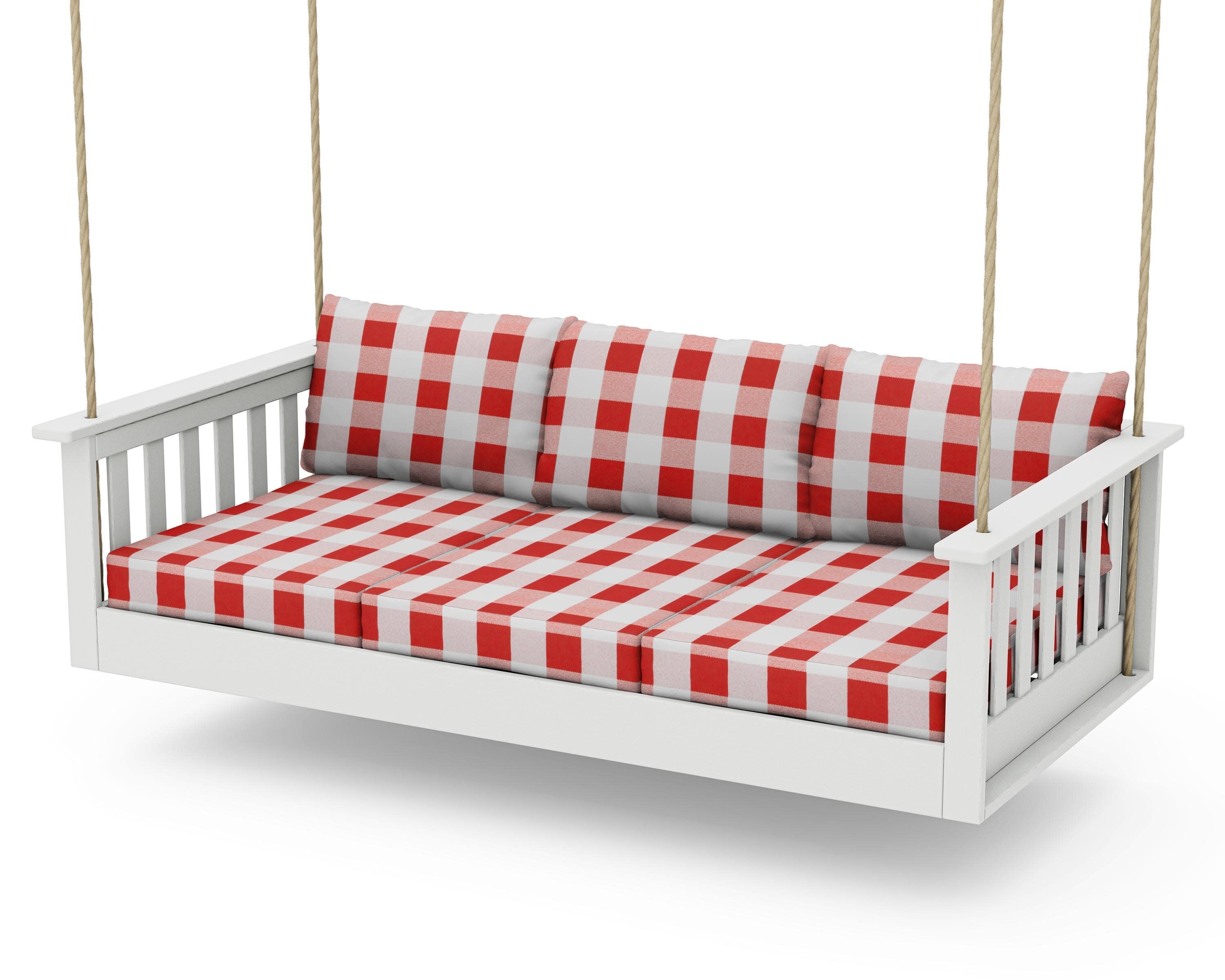 Vineyard Daybed Swing in Vintage White / Buffalo Plaid Crimson