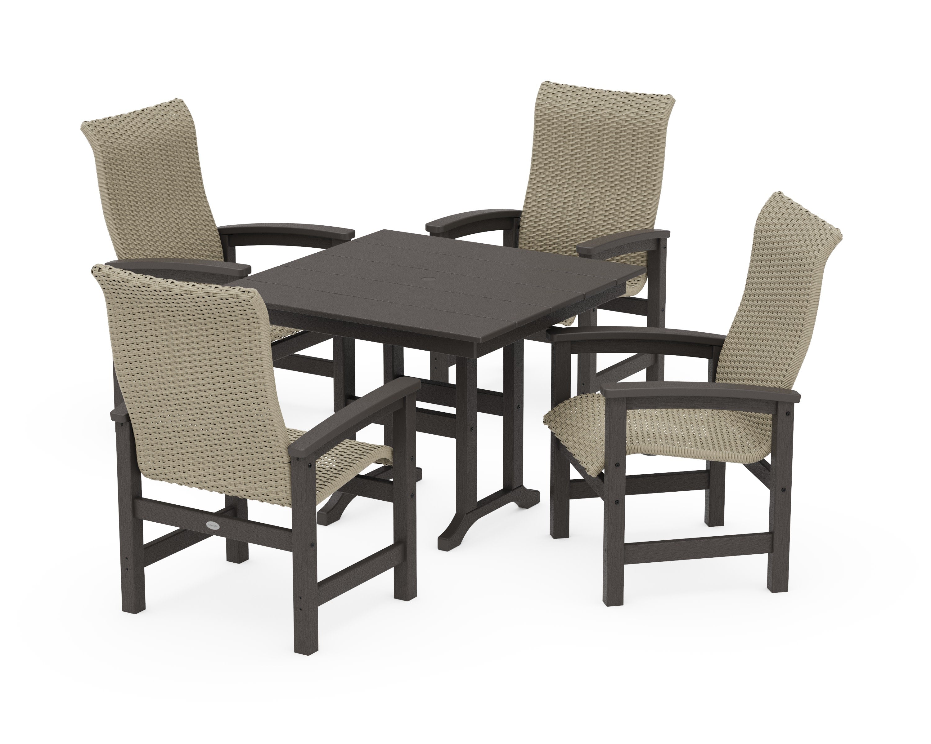 Coastal Woven High-Back 5-Piece Farmhouse Dining Set in Vintage Coffee / Dune Grass