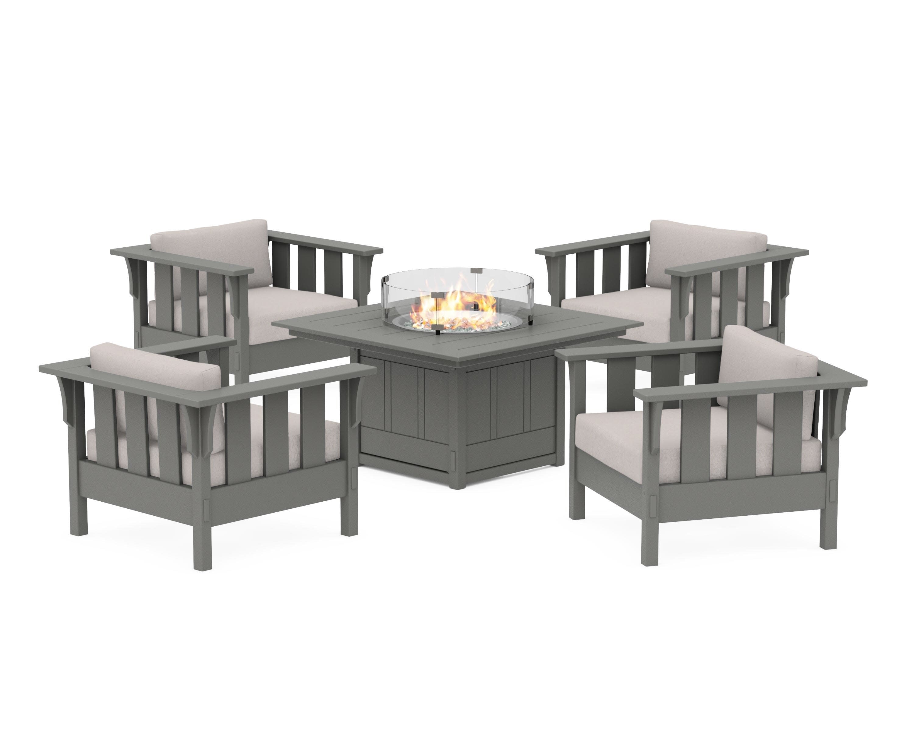 Acadia 5-Piece Deep Seating Set with Fire Pit Table in Slate Grey / Dune Burlap